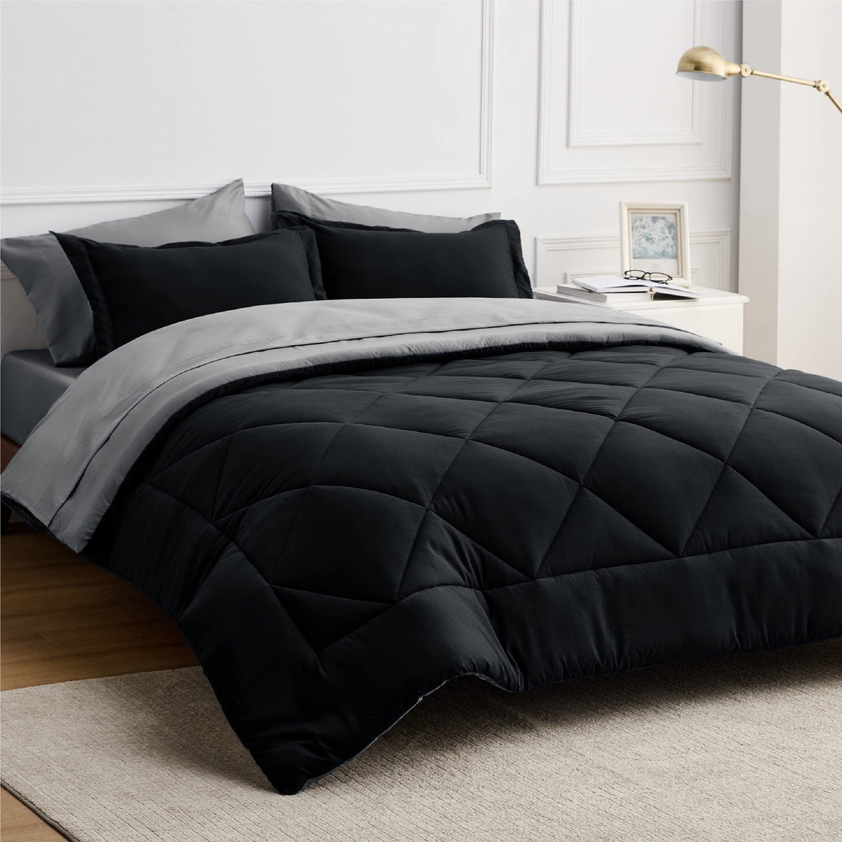 Bedsure Black Comforter Set Queen - 7 Pieces Reversible Black Bed In A Bag With Comforters, Sheets, Pillowcases & Shams, Queen B