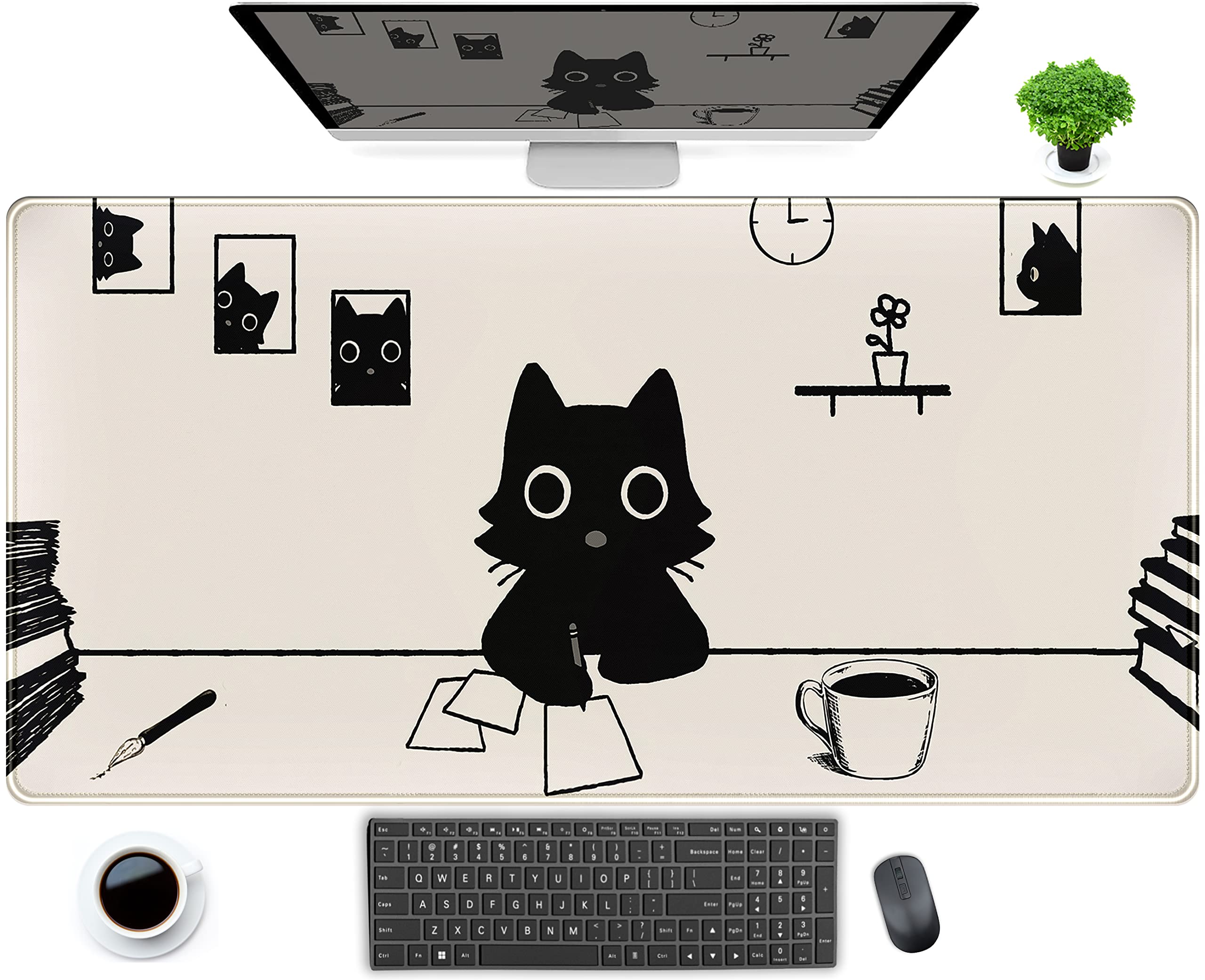 Aesthetic Beige White Anime Desk Mat Mouse Pad Cute Kawaii Minimalist Black Cartoon Cat Xxl Large Extended Gaming Mousepad Desk