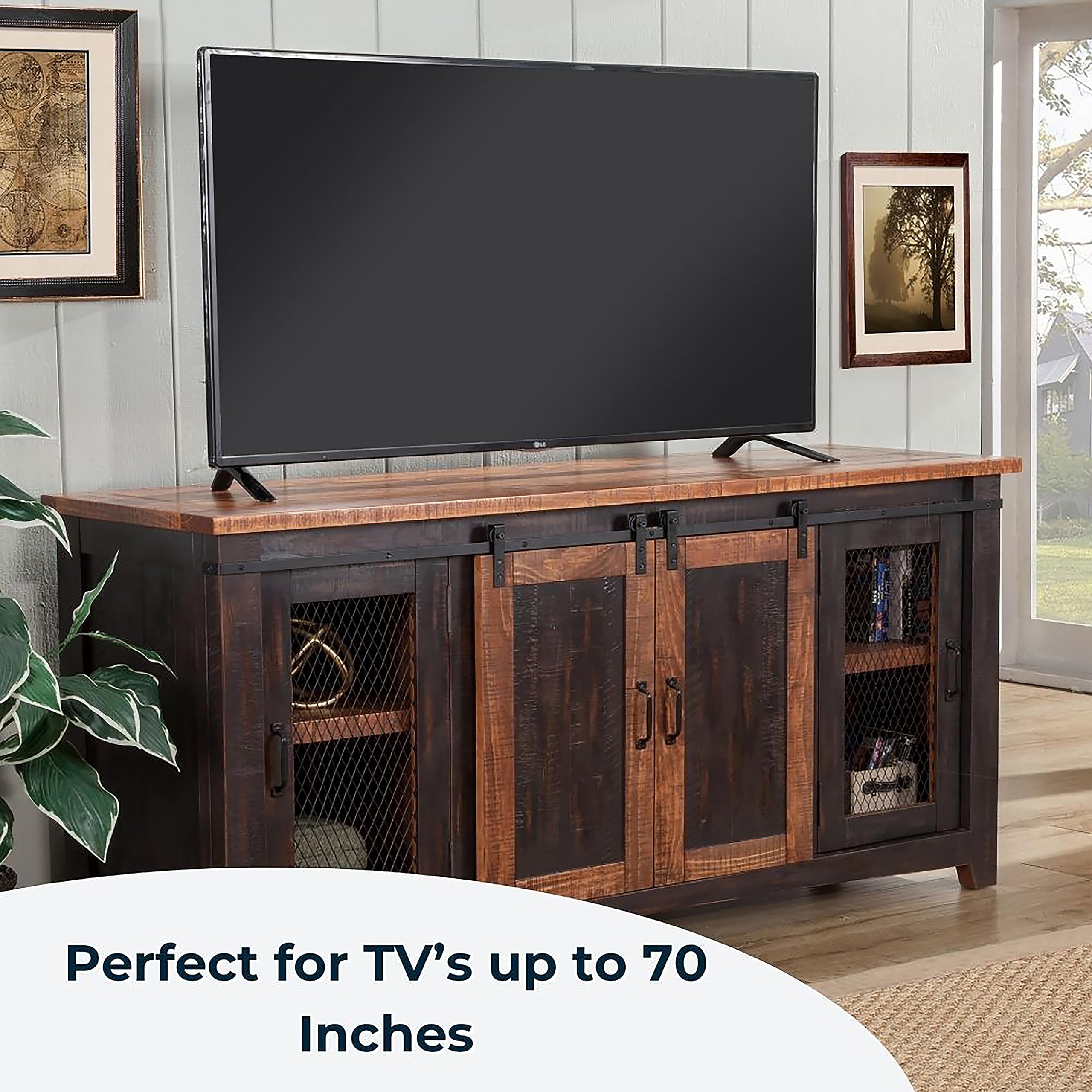 Martin Svensson Home Santa Fe Solid Wood Tv Stand, 65&quot;, Antique Black And Aged Distressed Pine