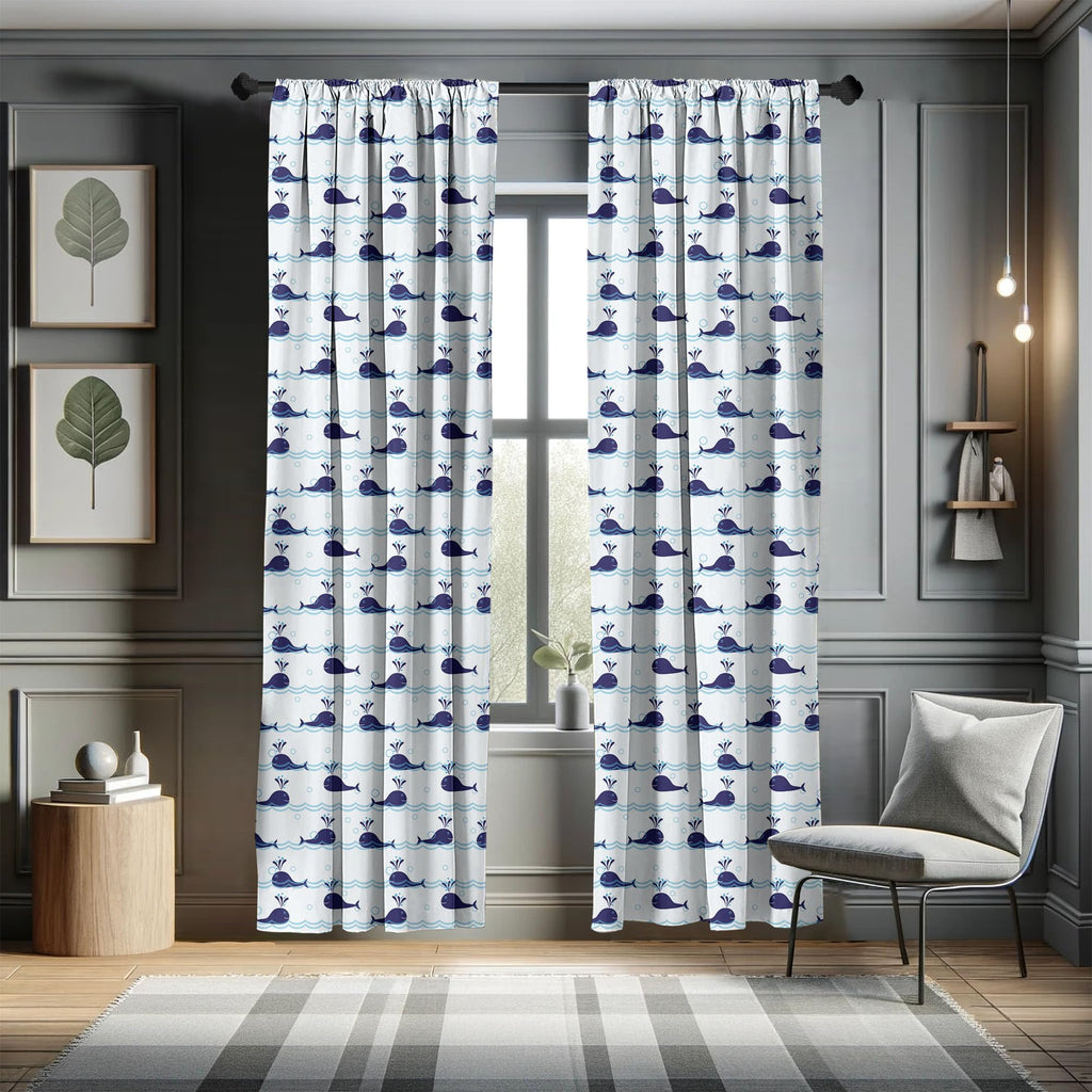 Ambesonne Whale Window Curtains, Horizontal Ocean Waves With Blue Fishes Animals Of Sea, Lightweight Decor 2-Panel Set With Rod