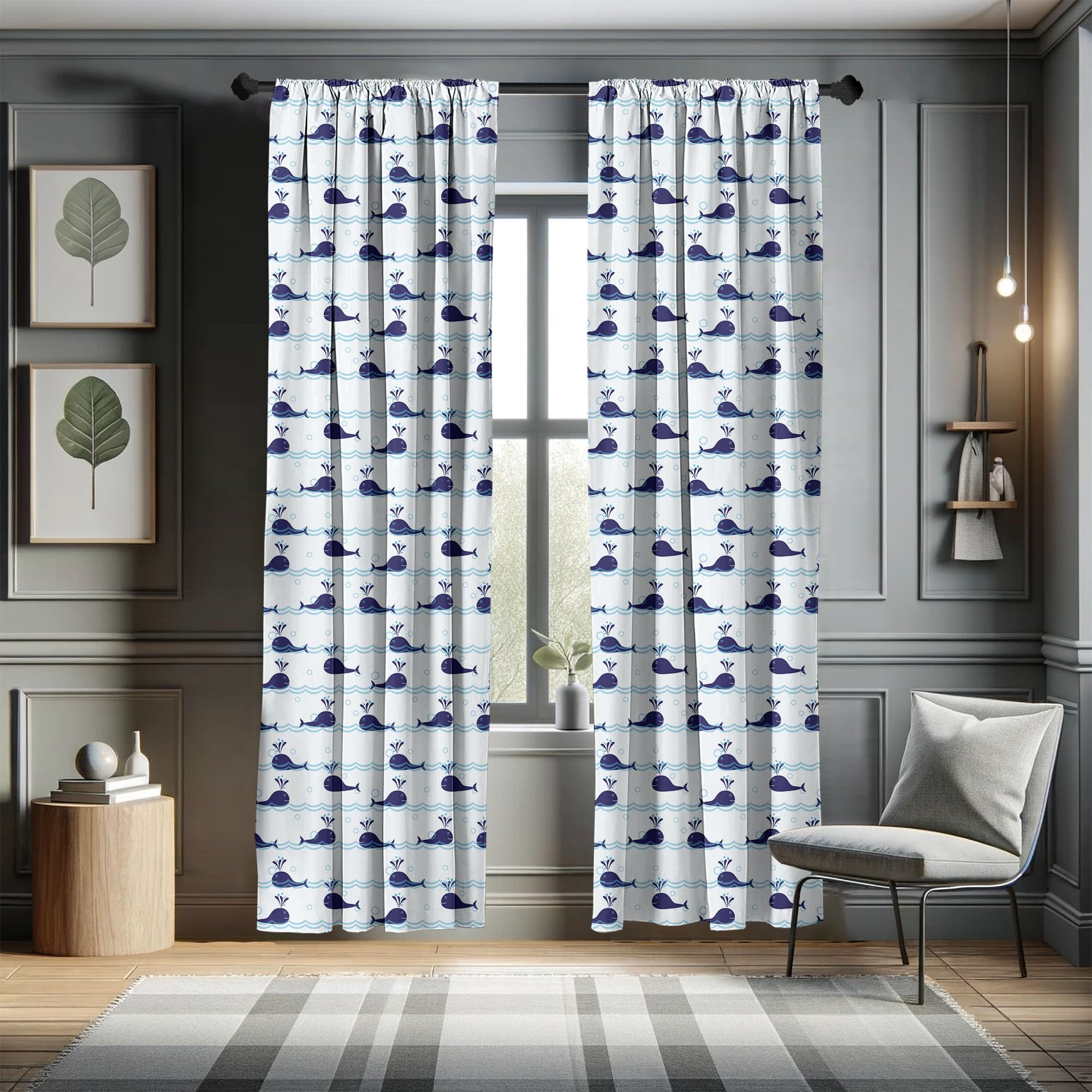 Ambesonne Whale Window Curtains, Horizontal Ocean Waves With Blue Fishes Animals Of Sea, Lightweight Decor 2-Panel Set With Rod
