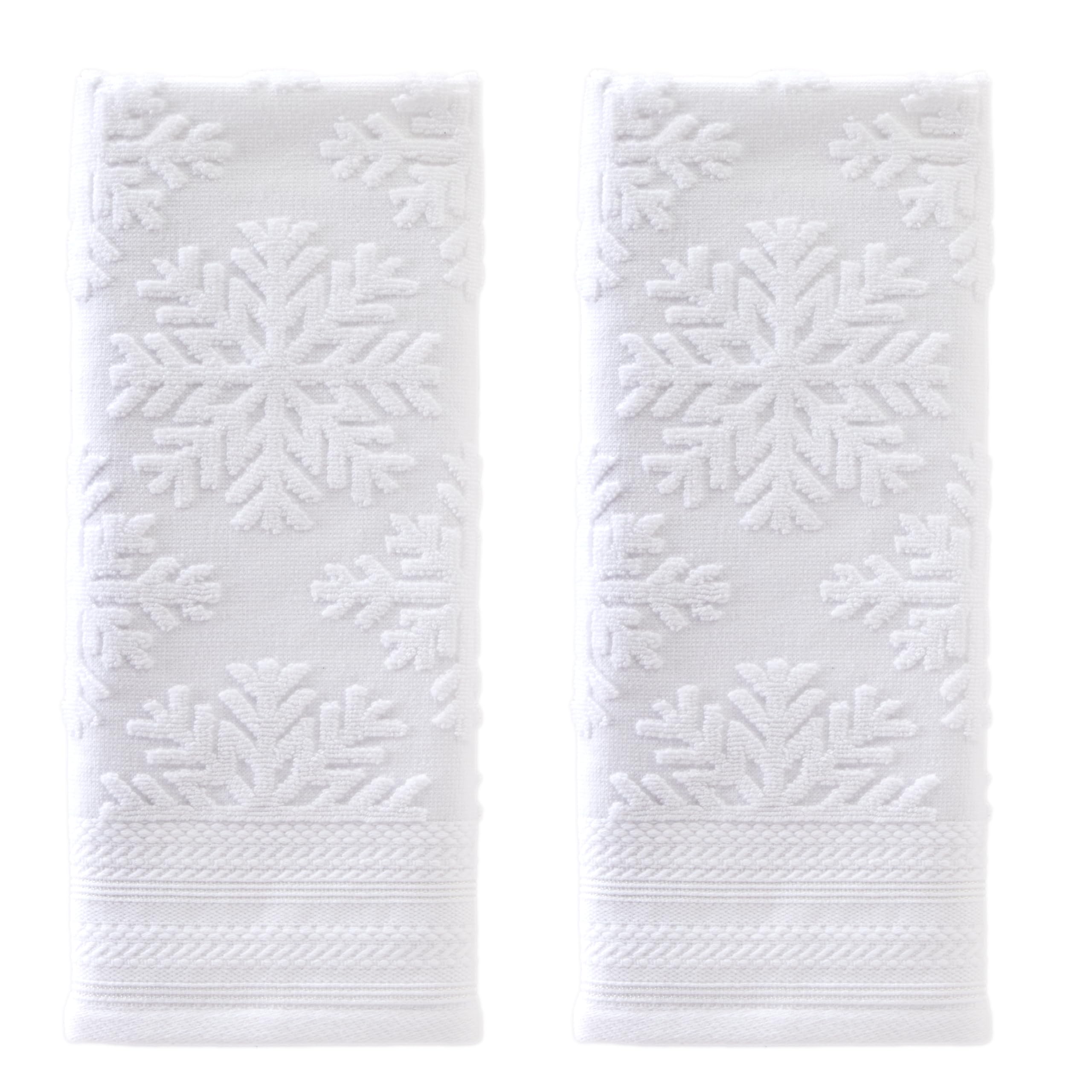 SKL Home Christmas/Winter Subtle Snowflakes Hand Towel 2pc Set for Bath/Kitchen/Bar & Gift, White