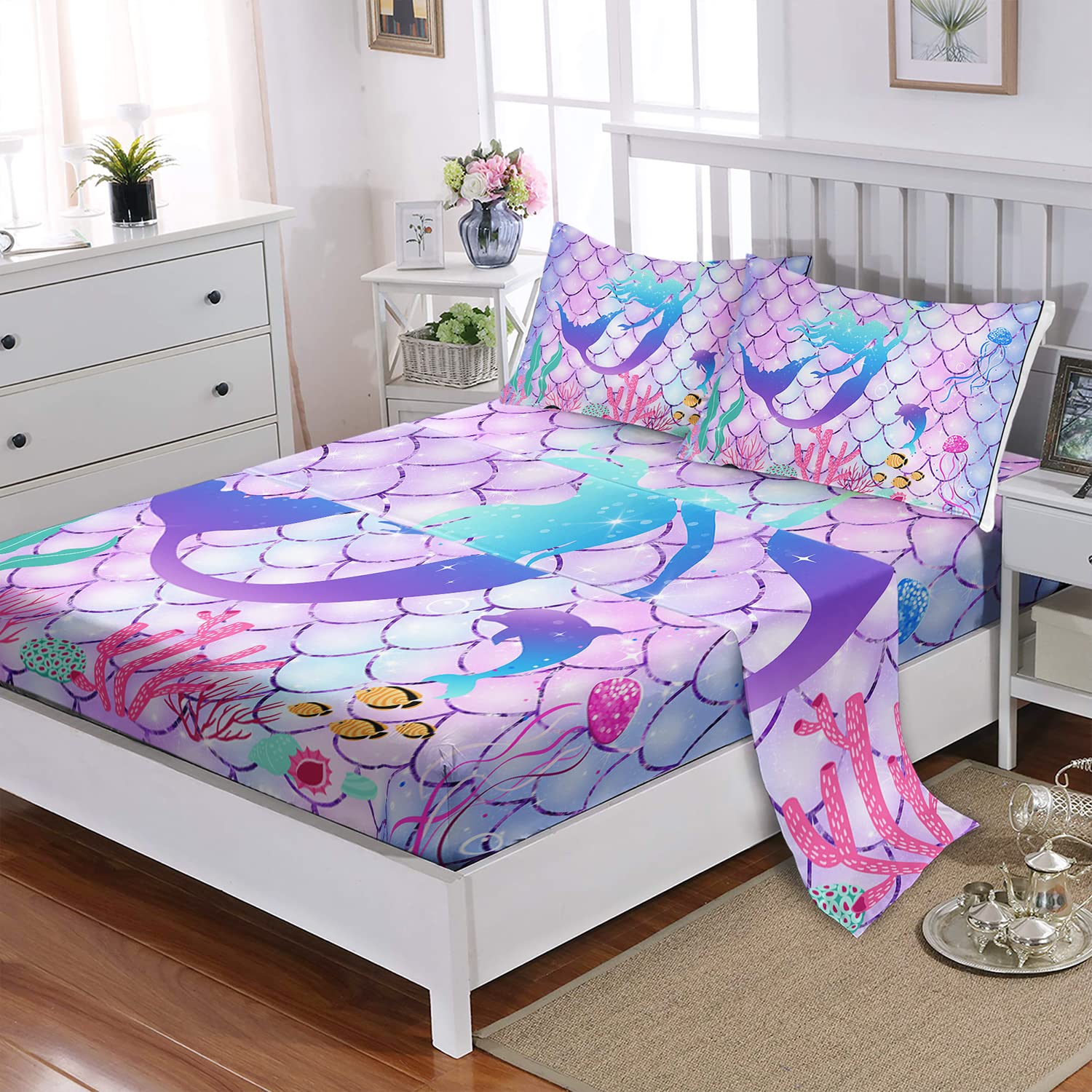 Cvhouse Mermaid Bed Sheets Sets Twin Size,Rainbow Mermaid Bedding Sets For Kids Teens,Ocean Mermaid Fitted Sheet Sets,1 Flat She