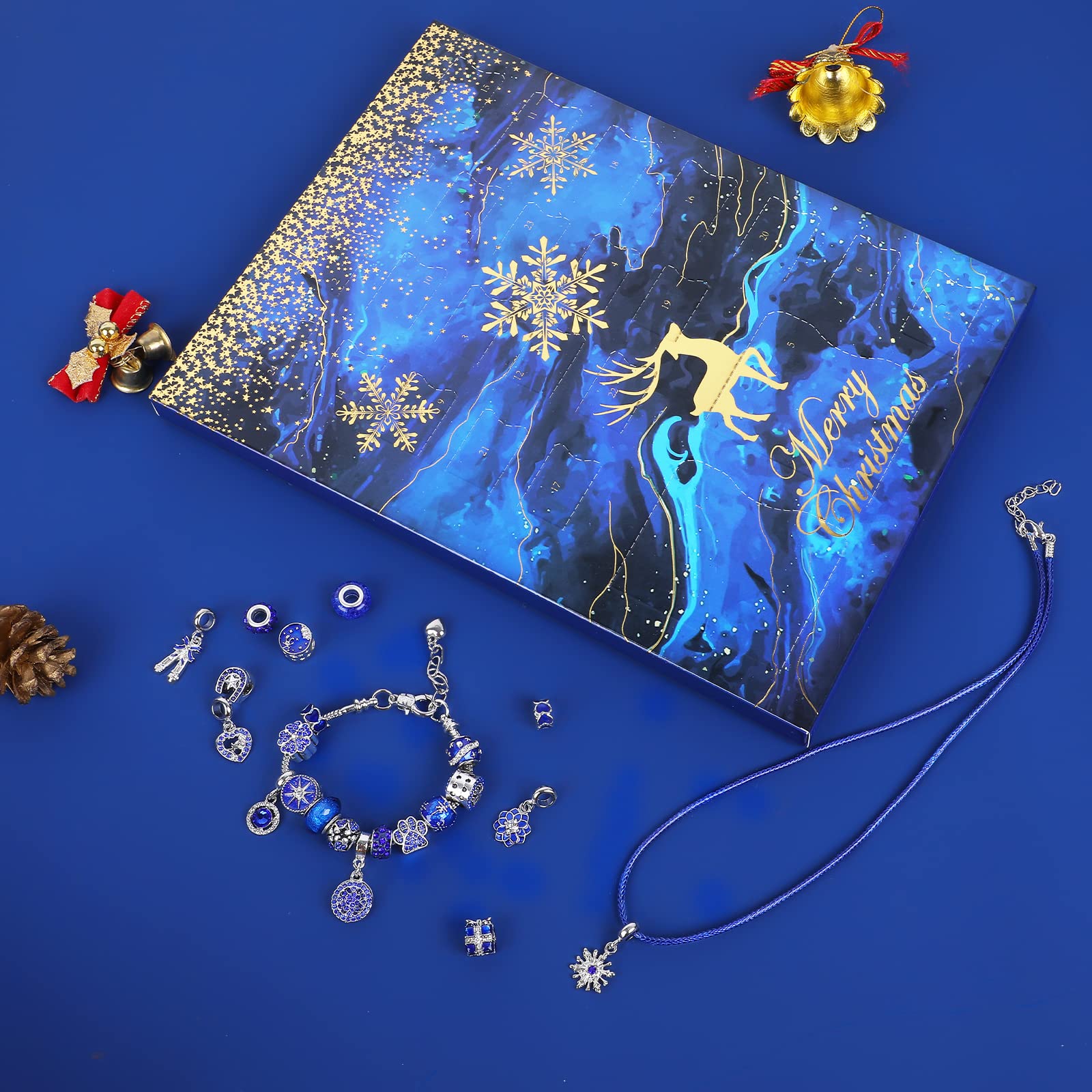 Mjartoria Advent Calendar 2024 For Women-Royal Blue Jewelry 24 Days Christmas Countdown-Inclued Royal Blue Snowflake Metal Charm