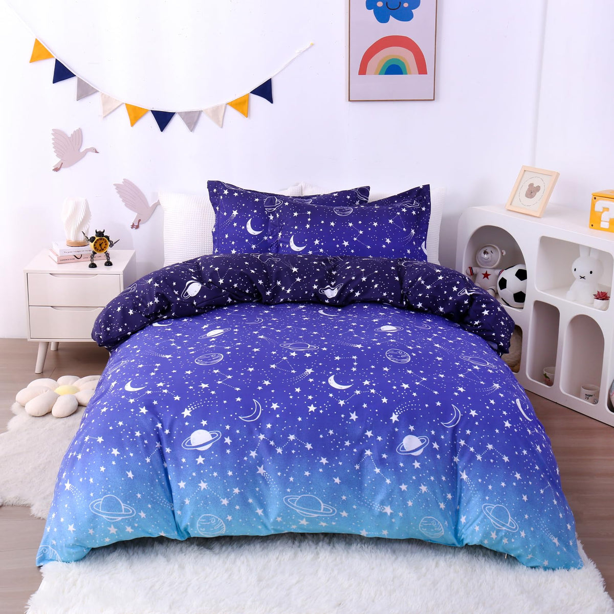 Jsd Blue Stars Kids Duvet Cover Set Twin Size, 2 Piece Boys Space Theme Microfiber Comforter Cover With Pillow Sham Zipper Closu