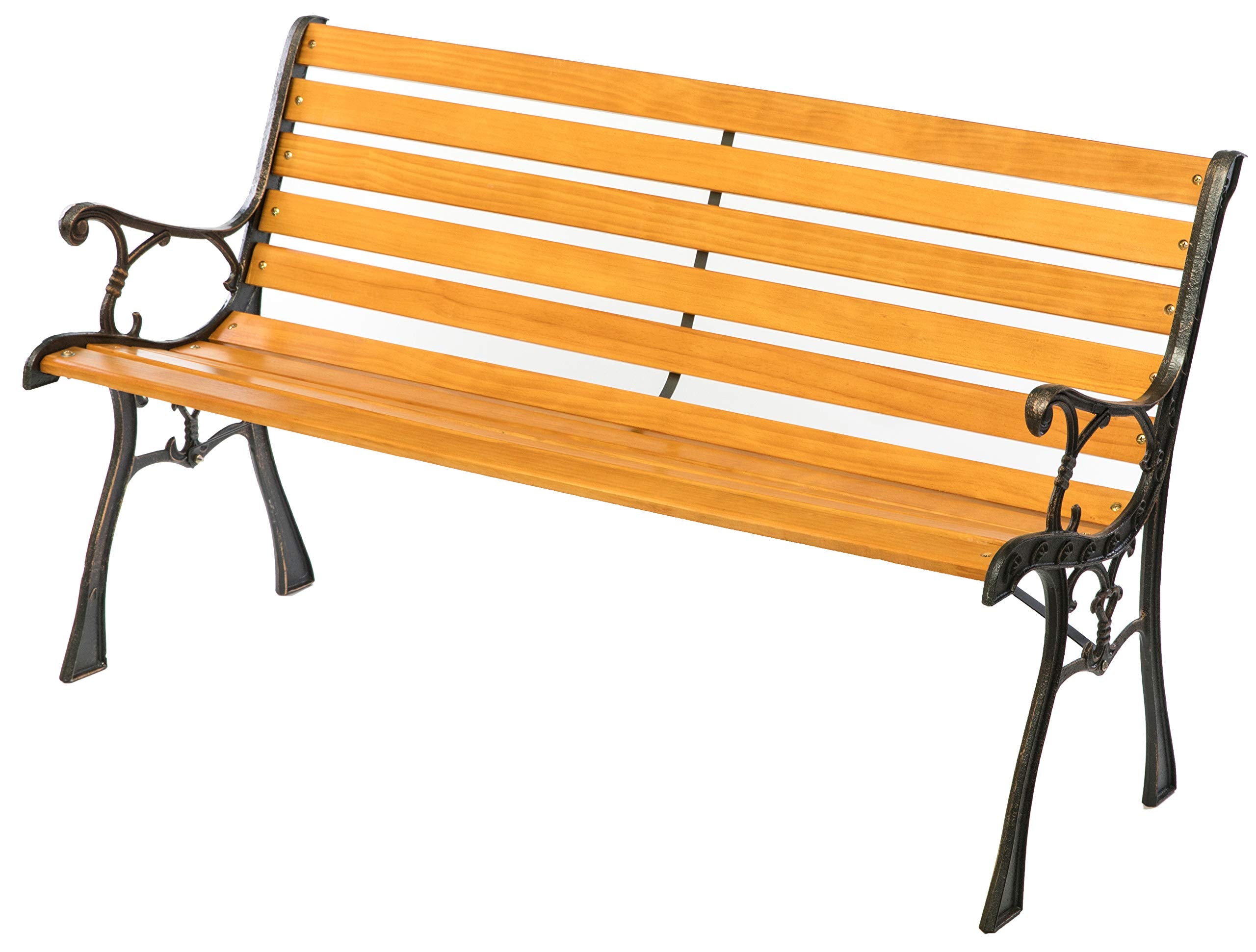 Gardenised Wooden Outdoor Park Patio Garden Yard Bench with Designed Steel Armrest and Legs, Black