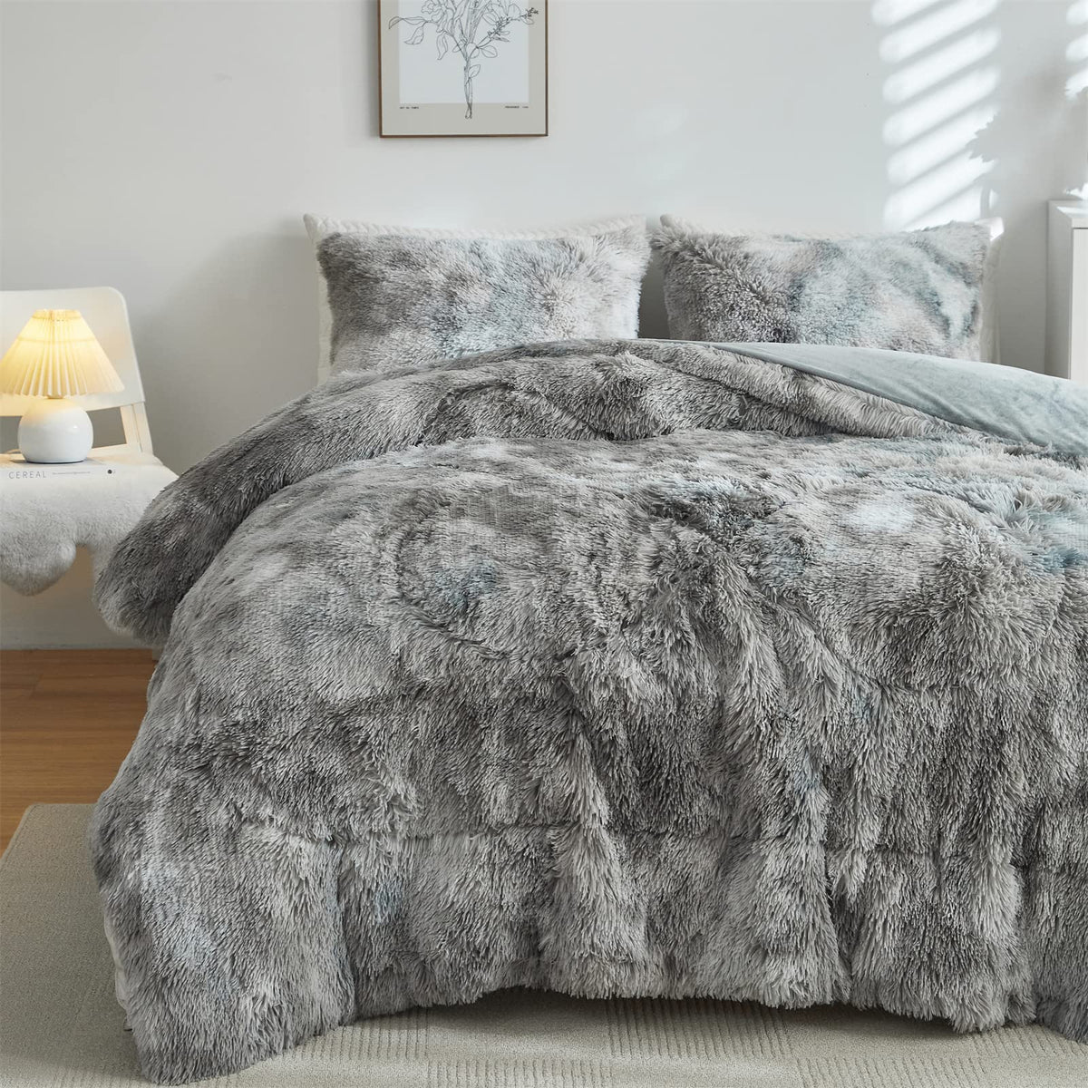 Wajade Faux Fur Plush Tie Dye Grey White Comforter Set Fluffy Fuzzy Shaggy Bedding Set - 3Pc King Size Microfiber Soft Warm Quil