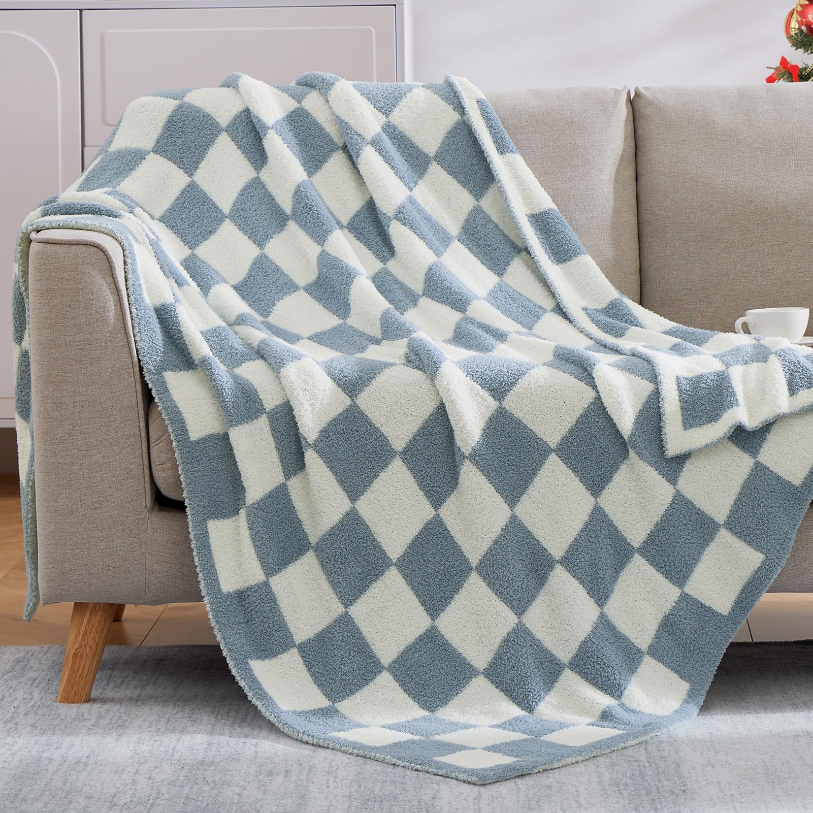 Wrensonge Checkered Throw Blanket, Grey Blue Microfiber Soft Cozy Fluffy Warm Hand Made Throw Blankets For Couch, Sofa, Chair, B