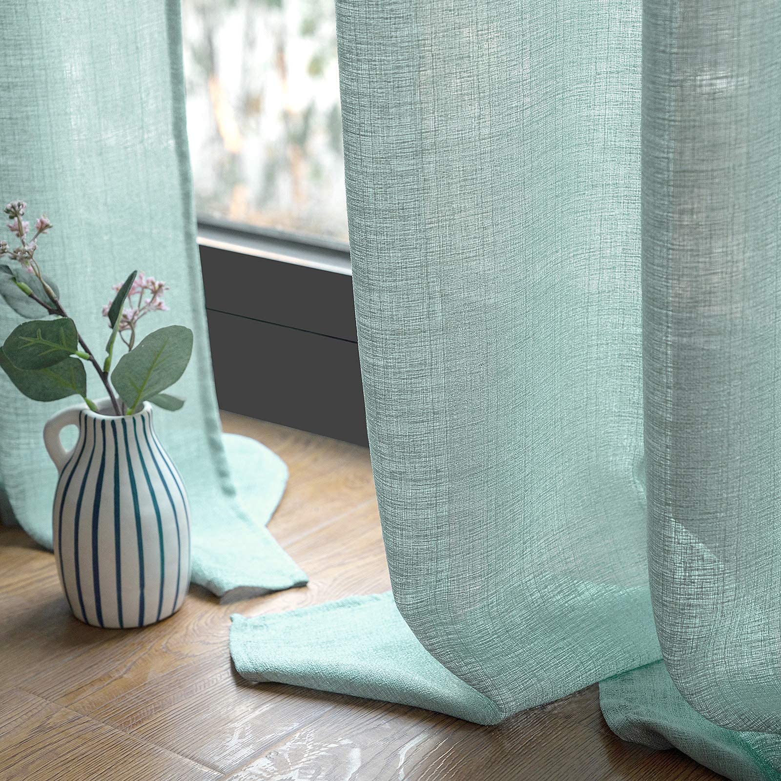 Miulee Teal Green Semi Sheer Textured Curtains 96 Inches Long 2 Panels For Bedroom Living Room, Light Filtering Privacy Curtains