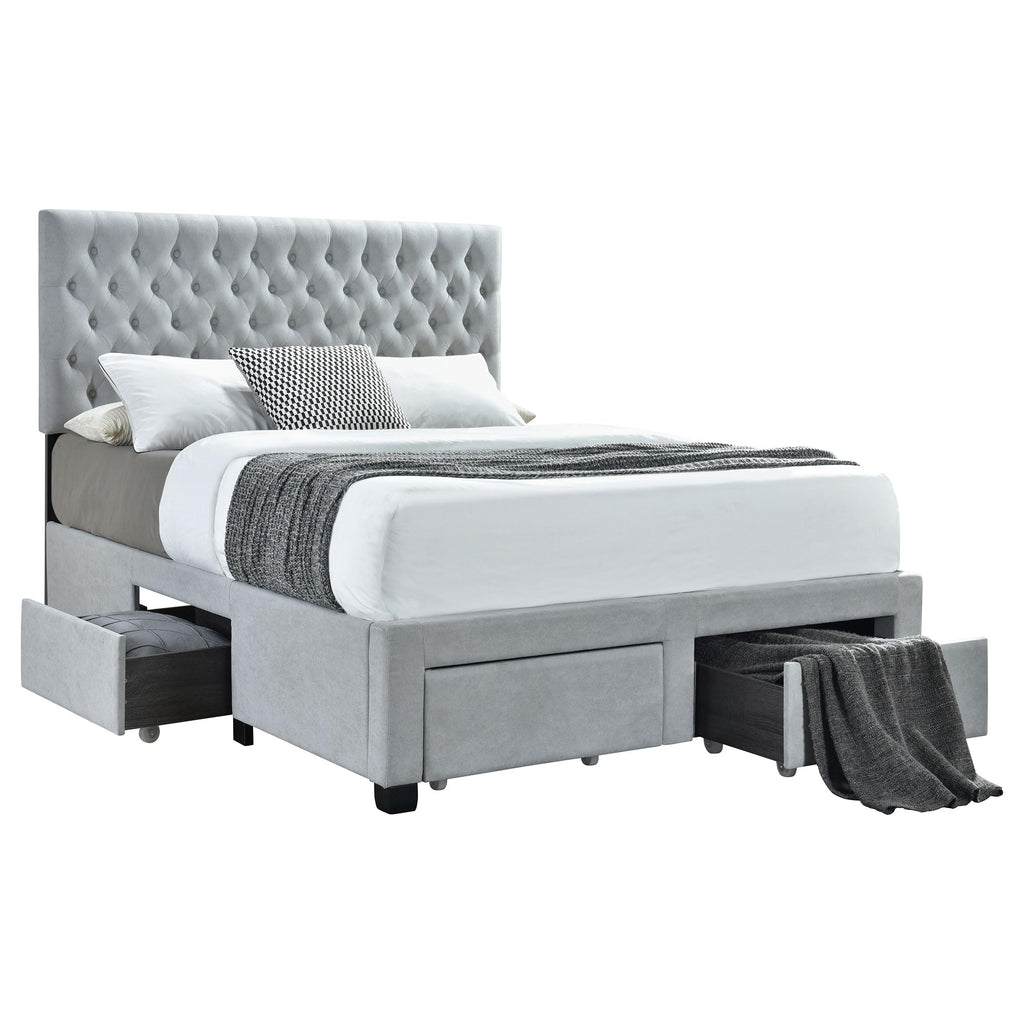 Coaster Home Furnishings Soledad Modern Classic Fabric Upholstered Eastern King Size Storage Panel Bed Frame Platform Bed 52-inch Headboard Light Grey 305878KE