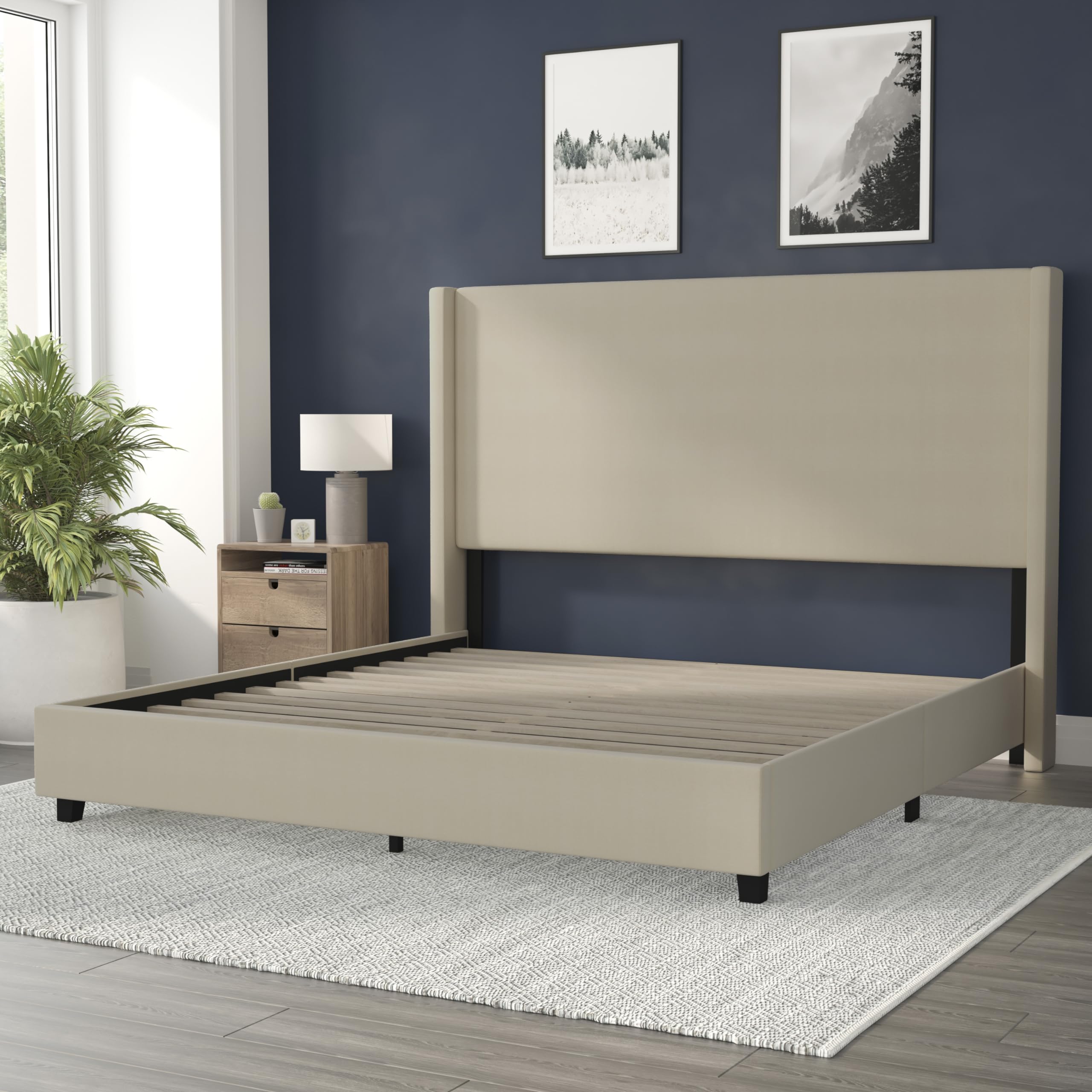 Flash Furniture Quinn Upholstered Platform Bed - Beige Channel Stitched Wingback Headboard - King - Mattress Foundation with Slatted Supports - No Box Spring Needed