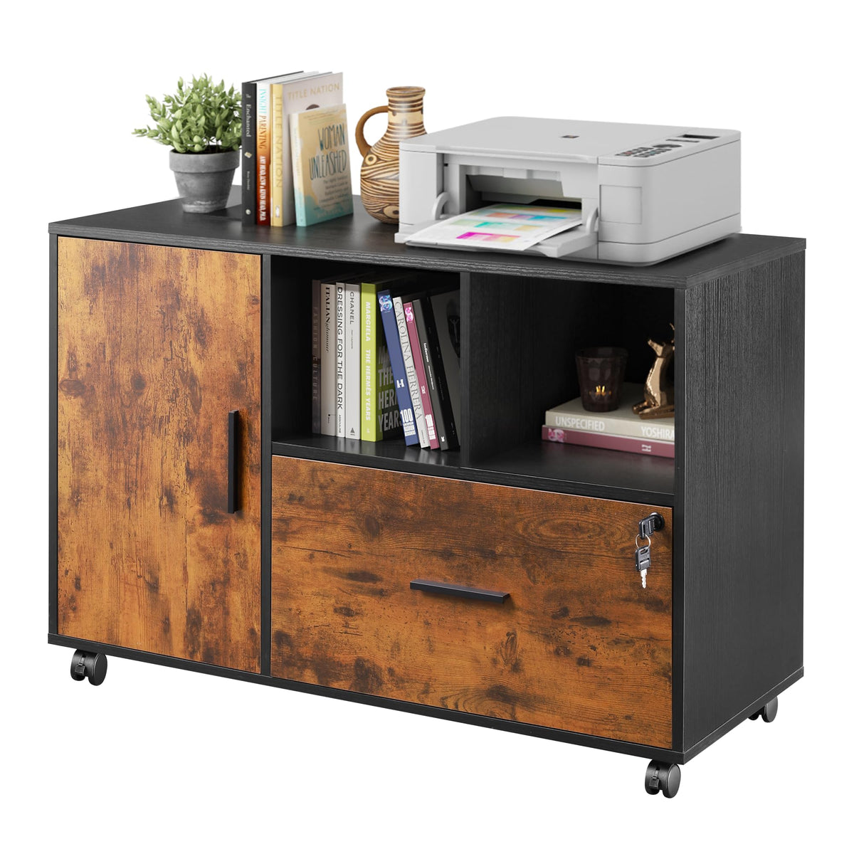 Devaise Lateral File Cabinet With Lock, 1-Drawer Rolling File Cabinets On Wheels For Home Office, Wood Printer Stand With Open Storage Shelf, Rustic Brown