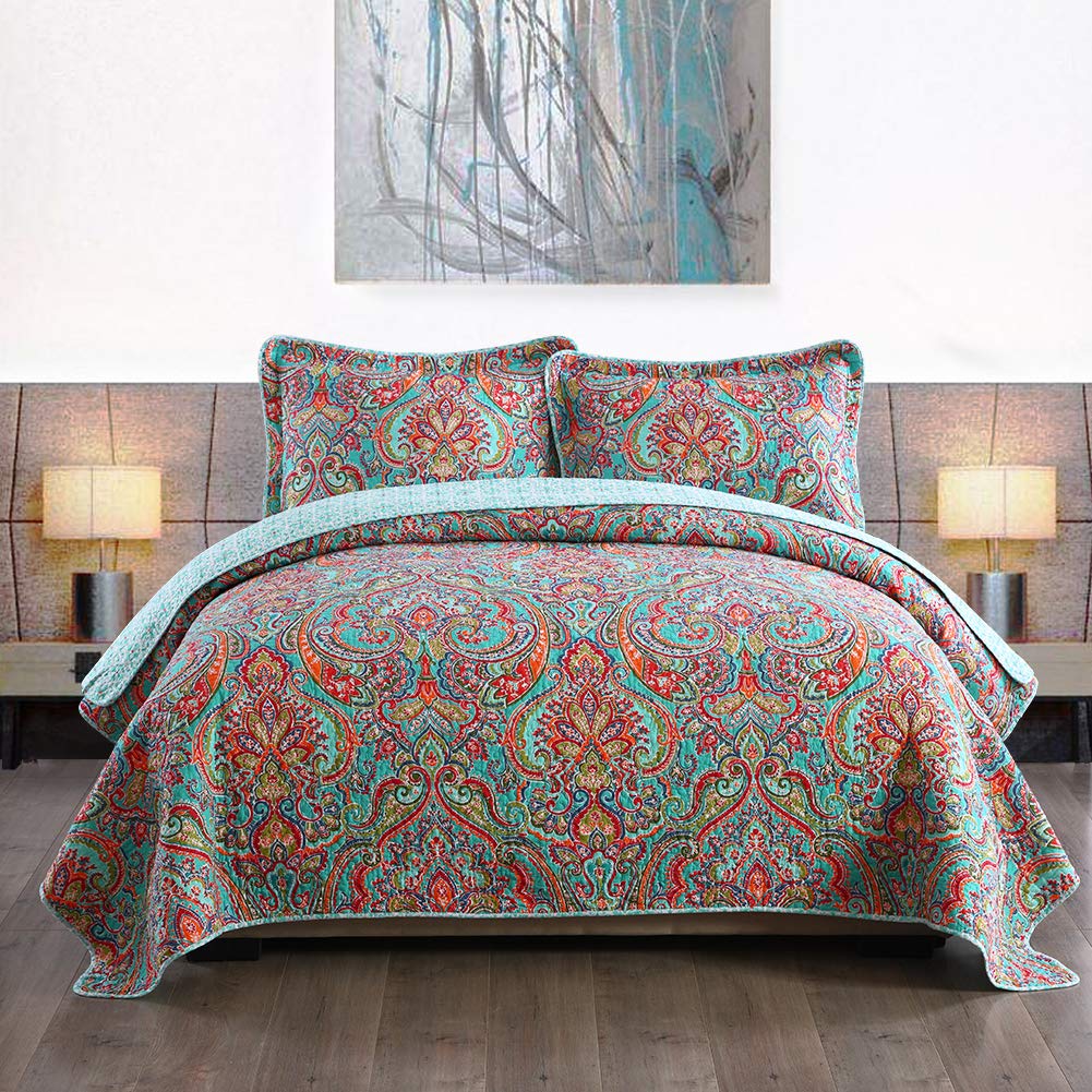 Newlake Cotton Bedspread Quilt Sets-Reversible Patchwork Coverlet Set, European Gorgeous Floral Pattern, King Size