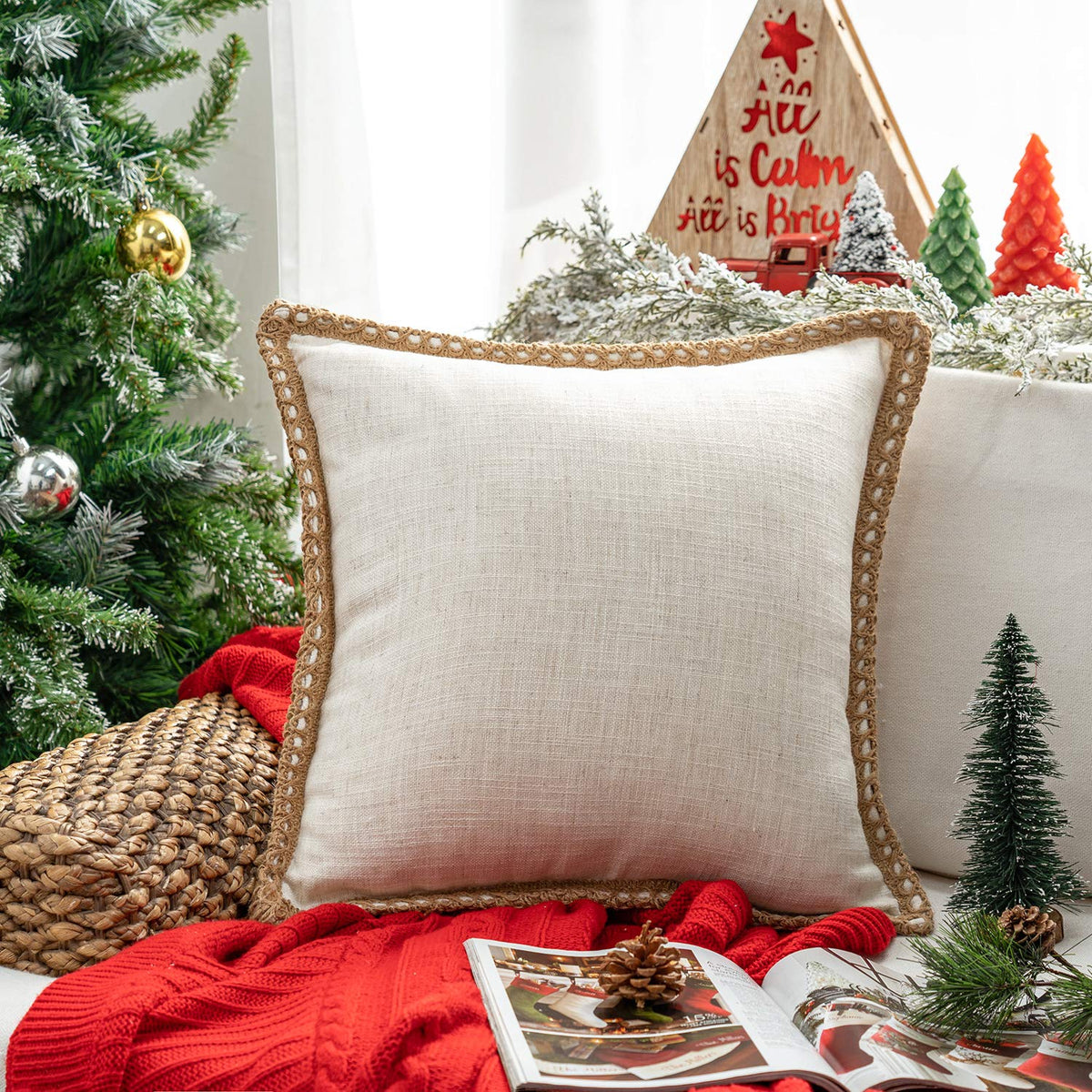 Phantoscope Farmhouse Solid Throw Decorative Pillow Cover Burlap Linen Trimmed Tailored Edges Outdoor Pillow Off White 20 X 20 I