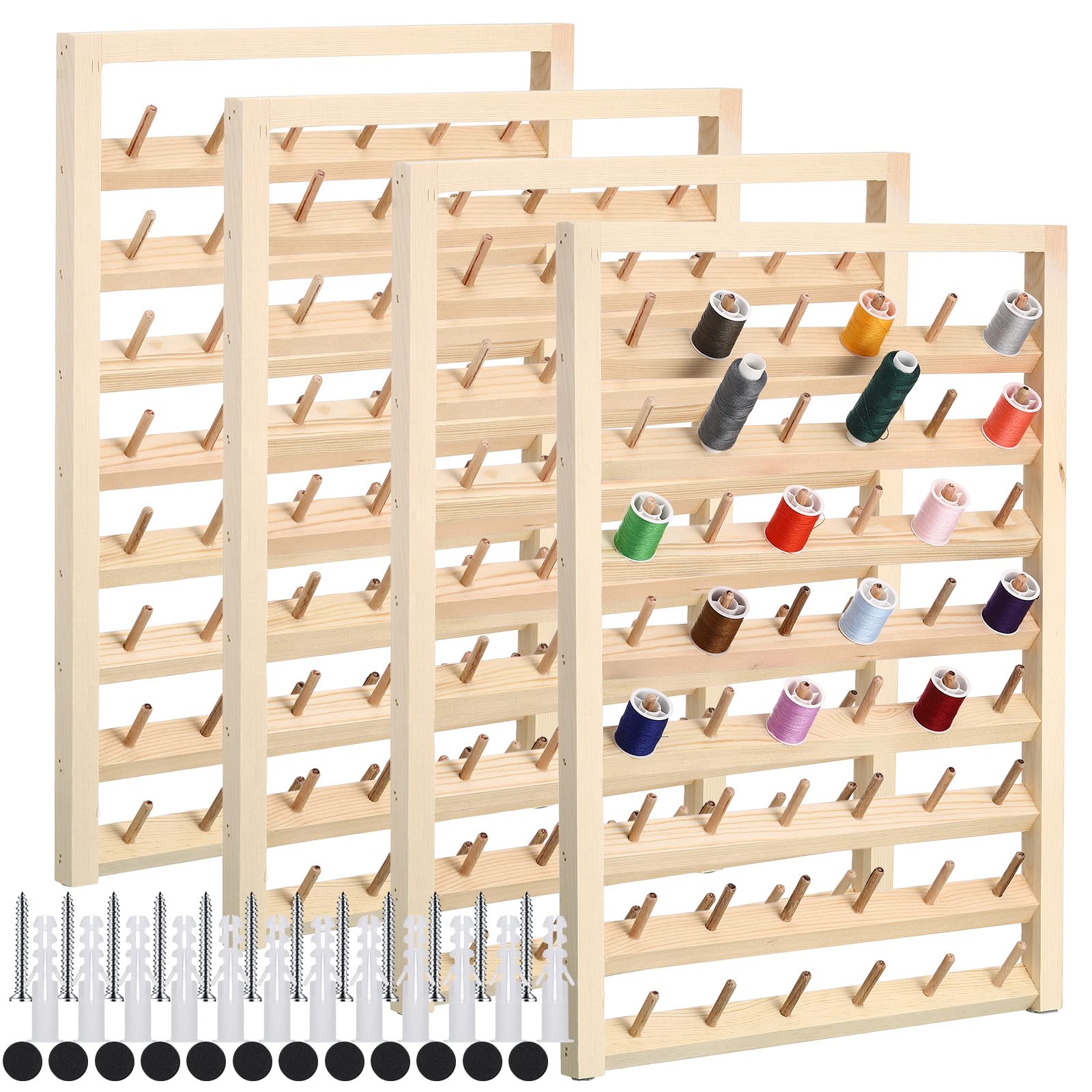 4 Pieces 48 Spool Wooden Thread Holder Wall Mounted Thread Rack with Hanging Hooks Thread Organizer for Mini Sewing Quilting Jew