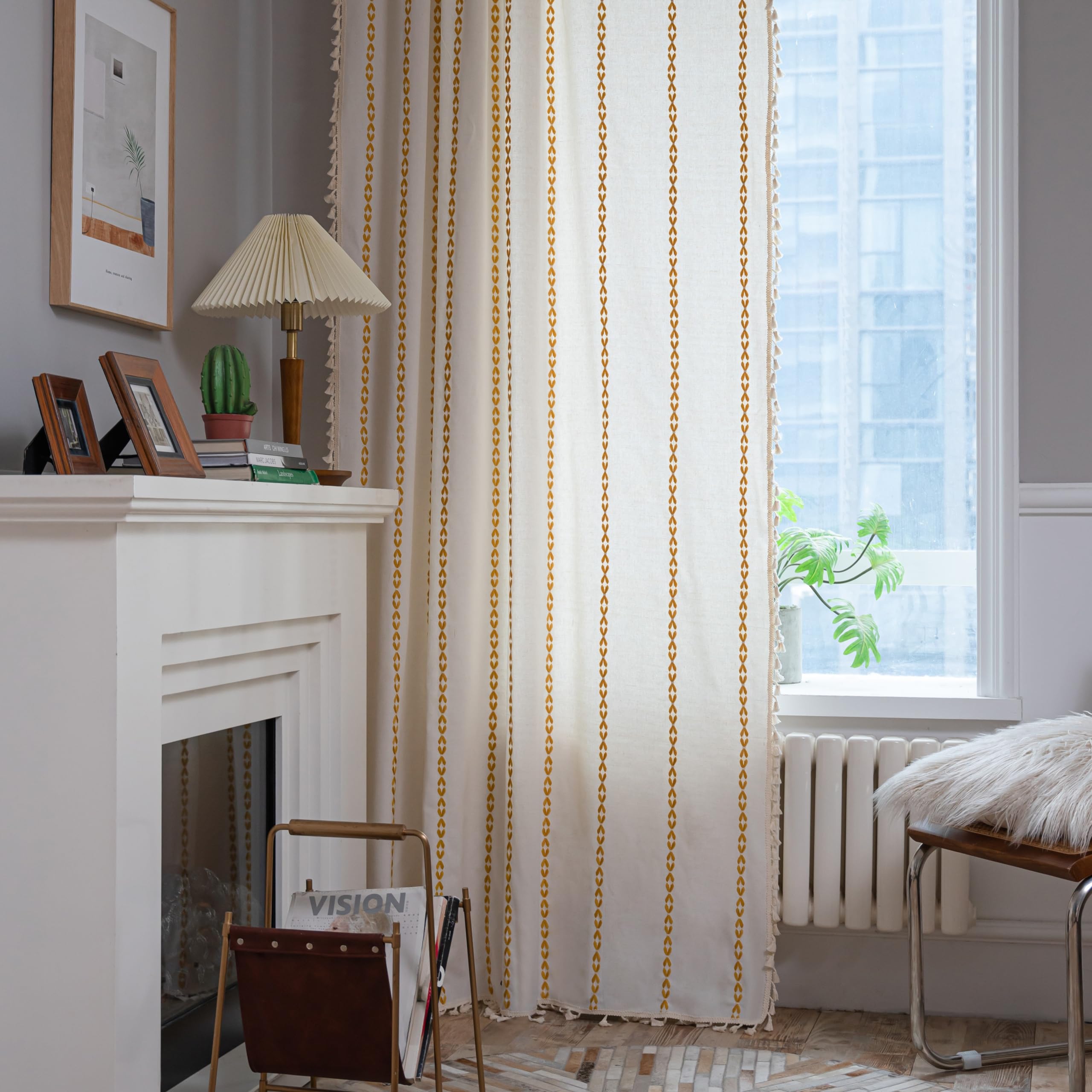 Sutuo Home Boho Curtains For Living Room Bedroom, Semi Blackout Farmhouse Vintage Shabby Chic Tassels Window Treatment Bohemian Embroidery Drape, Rod Pocket 1 Panel 52' W X 96' L, White And Gold