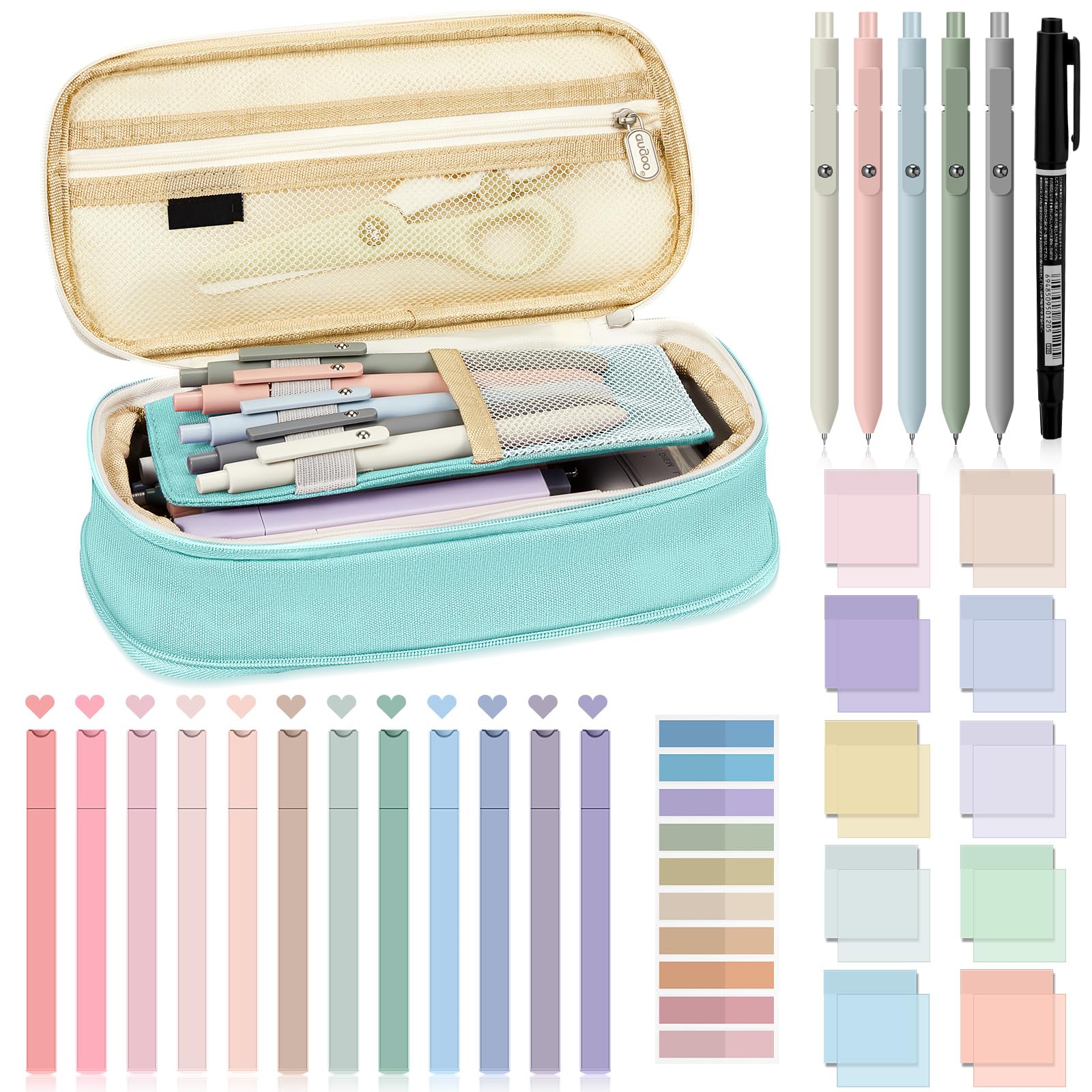 Jutom 39 Pcs Aesthetic Book Annotation Kit Pencil Case Bag With Highlighter Gel Pen 700 Sheets Transparent Sticky Notes Pads Ind