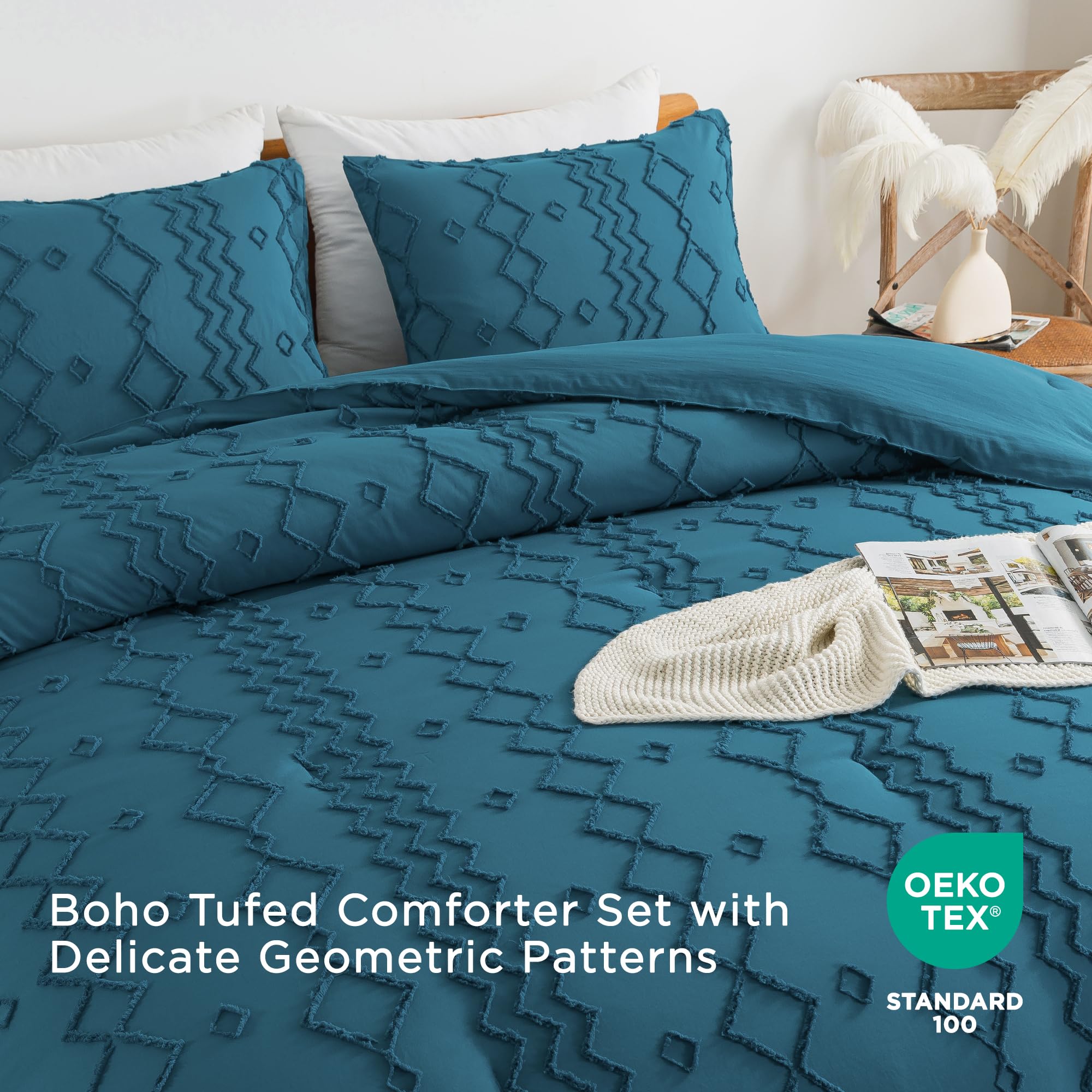 Andency Teal Tufted Comforter Set King(104X90Inch), 3 Pieces(1 Boho Comforter, 2 Pillowcases) Textured Farmhouse Comforter, Soft Microfiber Down Alternative Geometric Comforter Bedding Set