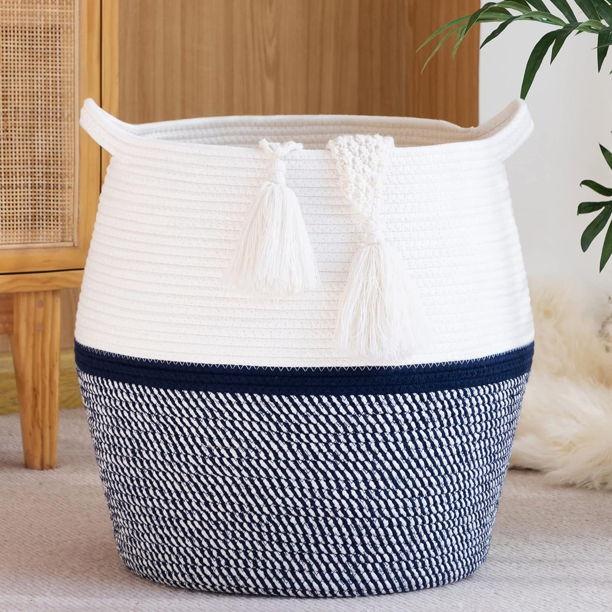 HOME LIVING Woven Baskets for Storage(17x17),Large Cotton Rope Basket Woven Baby Laundry Hamper,Collapsible Laundry Basket, Bl