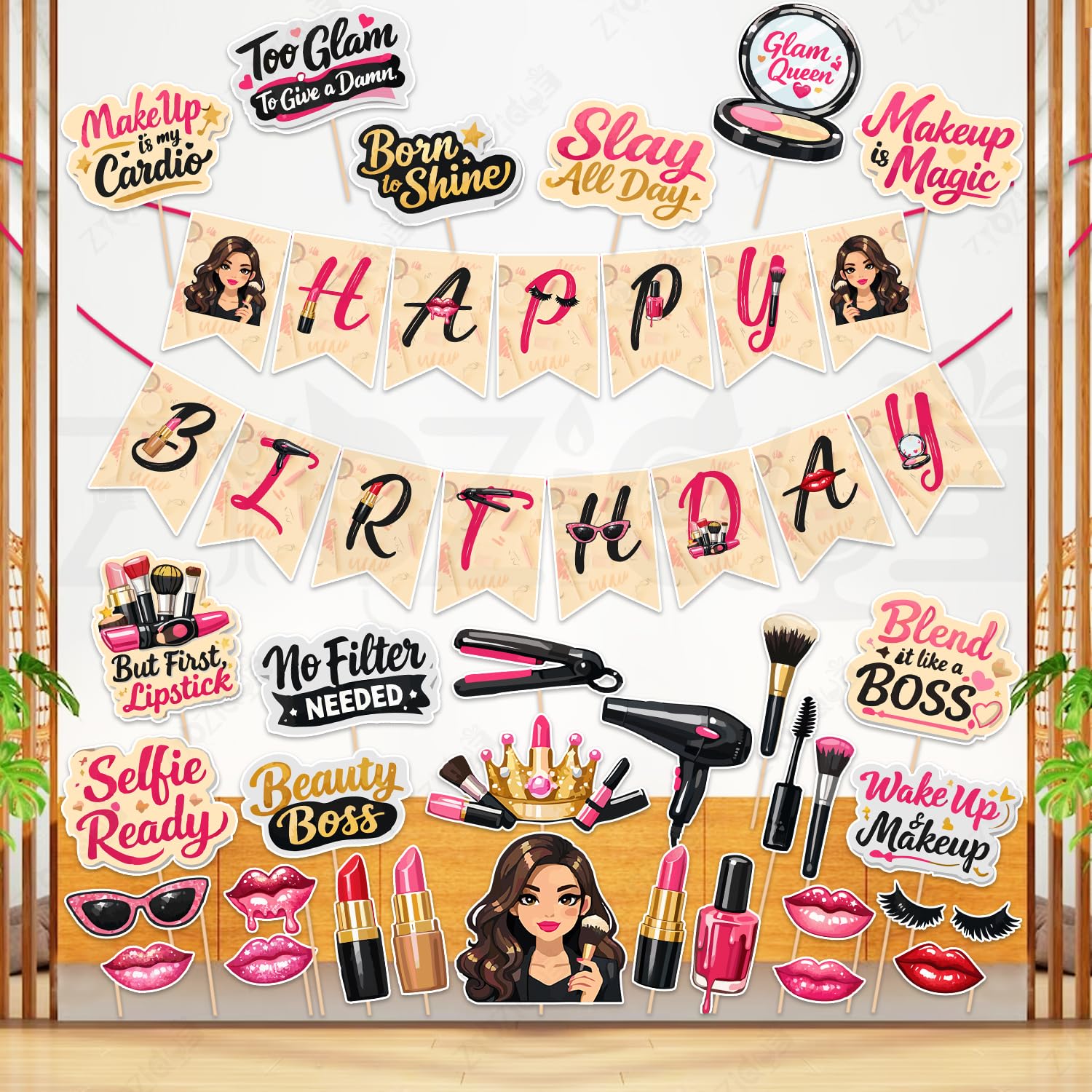 Zyozique Makeup Theme Birthday Party Decoration Combo, Paper Banner With Photo Booth Props, Pink & Blacktheme, Party Decorations