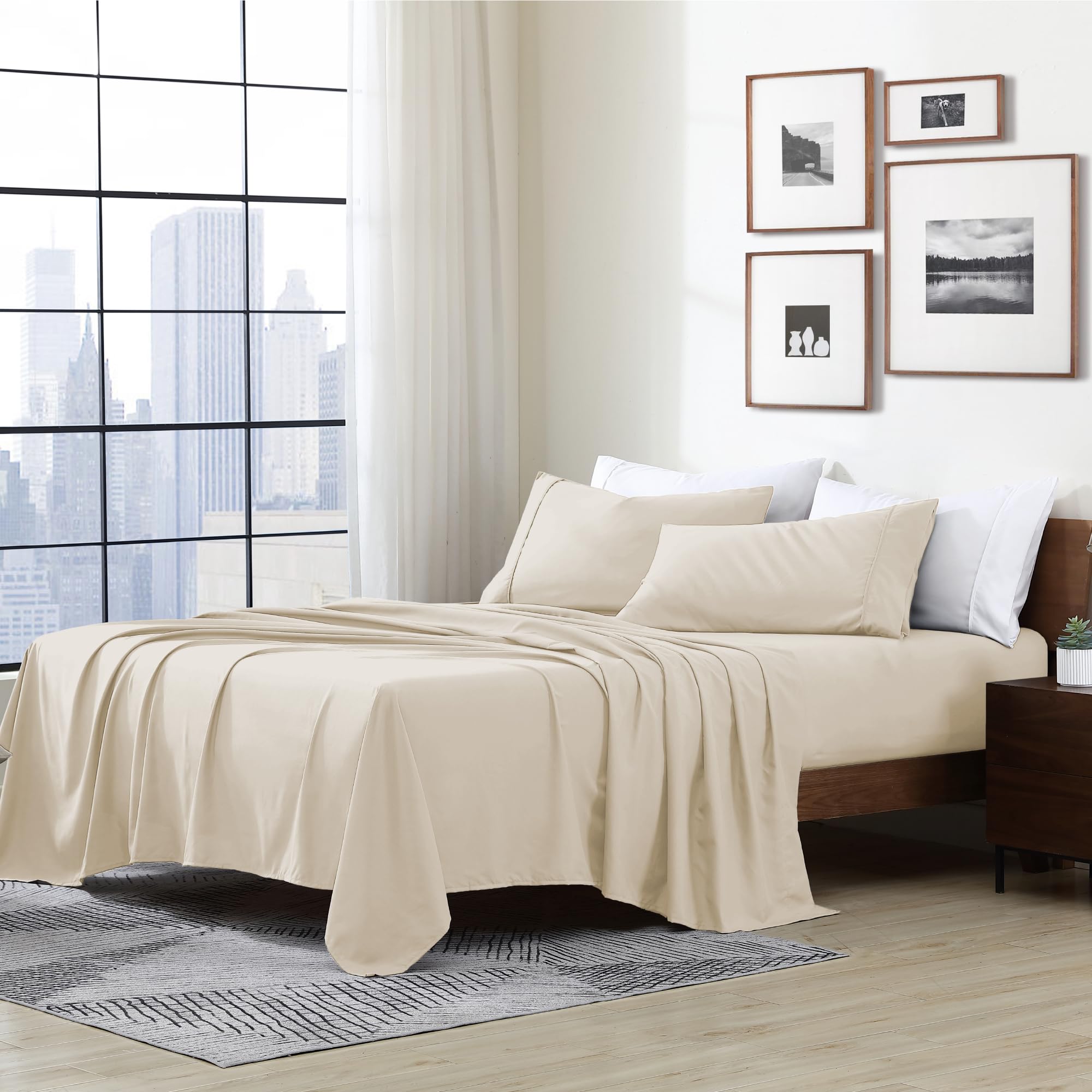 Cathay Home Essentials Ultra Soft Hypoallergenic Wrinkle Resistant Double Brushed Microfiber Bedding Sheet Set, Cream, California King