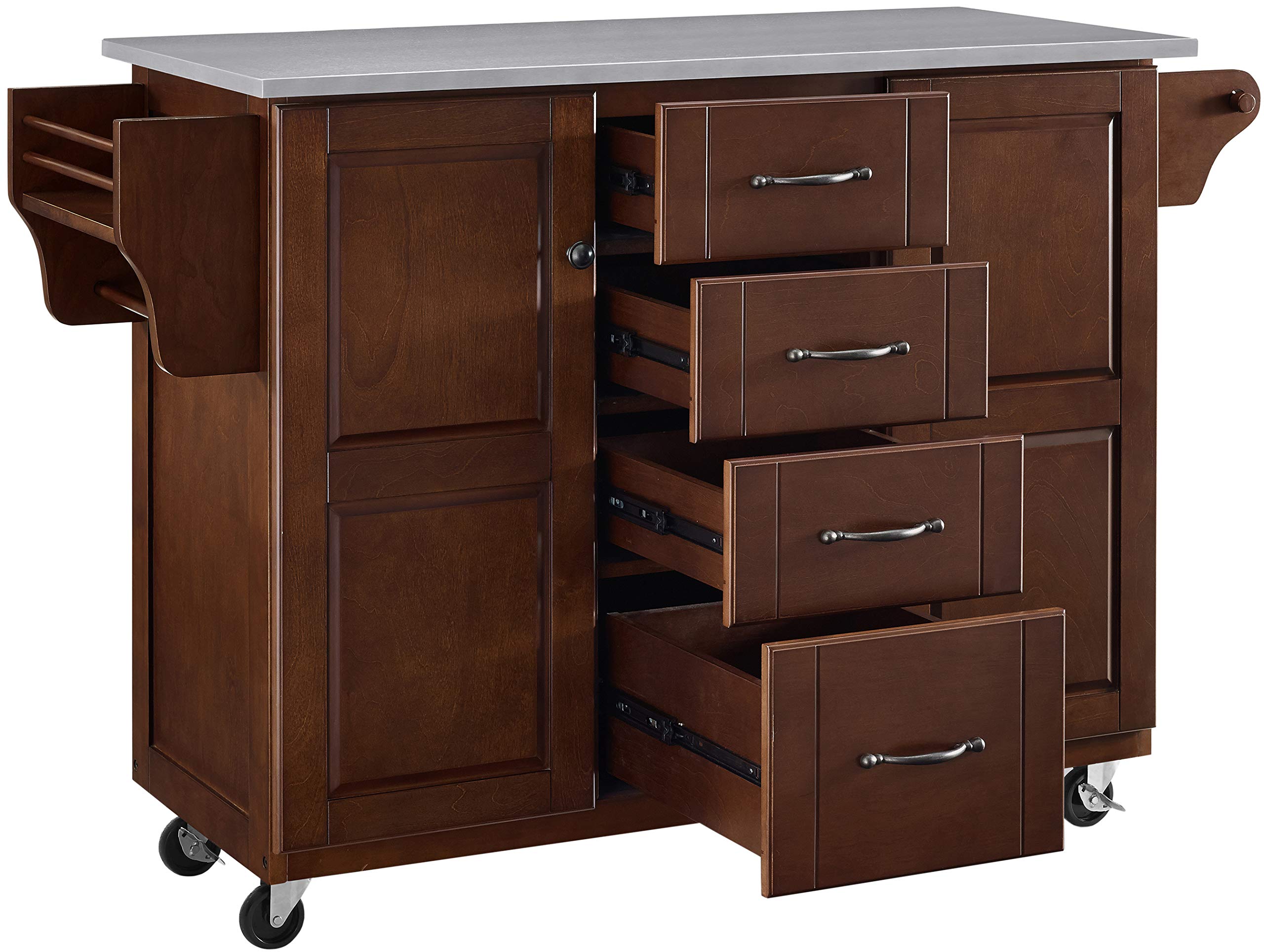 Crosley Furniture Eleanor Stainless Steel Top Rolling Cart Kitchen Island, Spice Rack, Drawers and Shelves, Mahogany