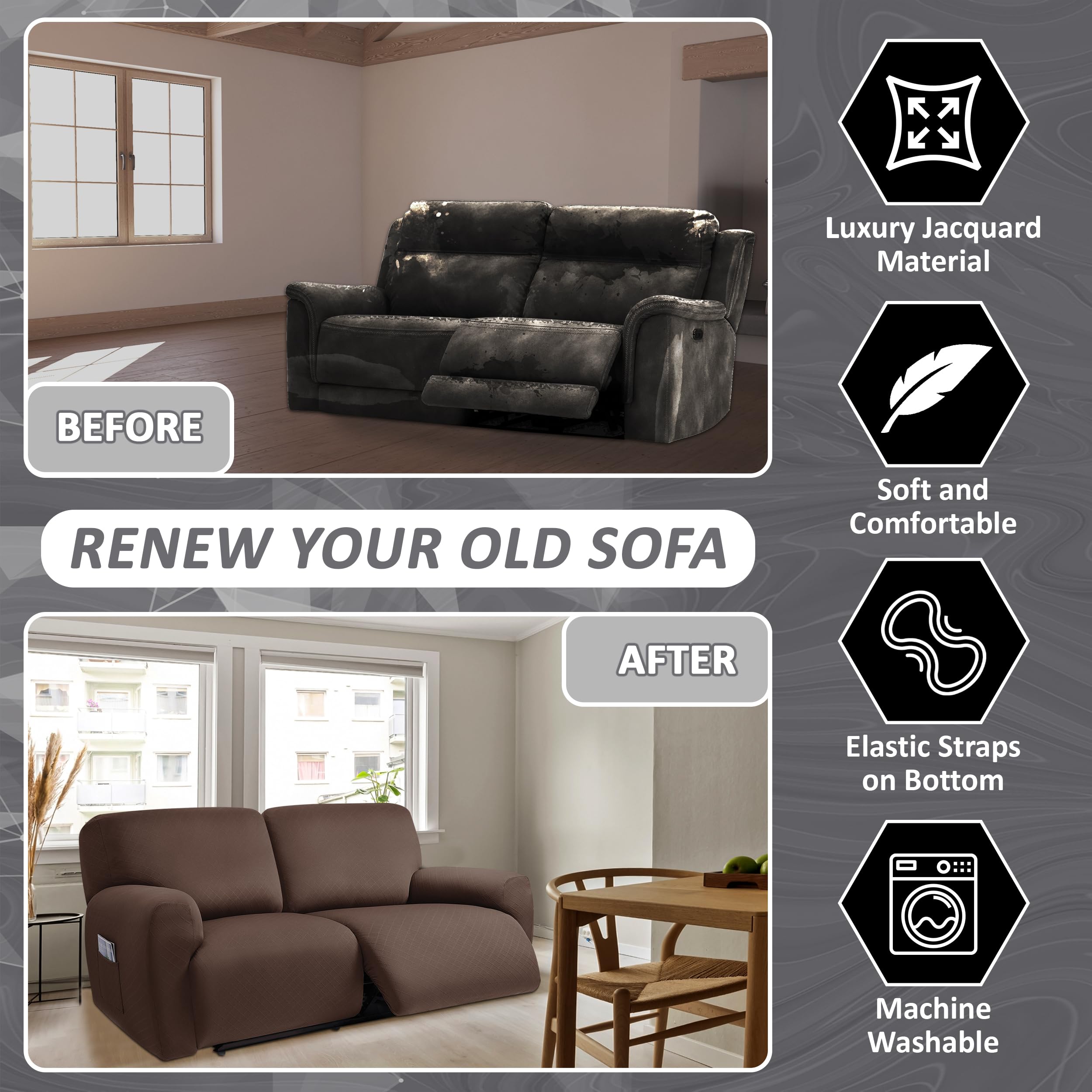 Ulticor Squared Jacquard Design Extra Wide 75'' - 100'', Reclining 2 Seater Sofa, Extra Wide 6-Piece Reclining Loveseat Slipcove