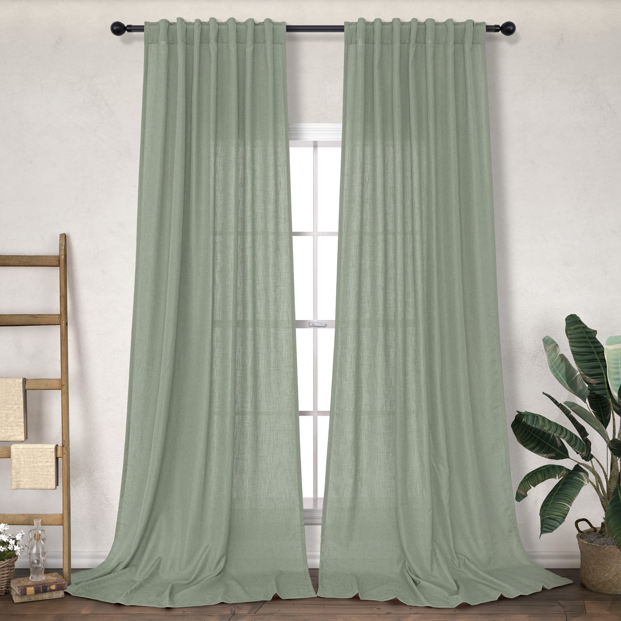 Sage Green Curtains 96 Inches Long For Boys Bedroom 2 Panels Back Tab Pocket Light Filtering Semi Sheer Cotton Textured Flax Lin