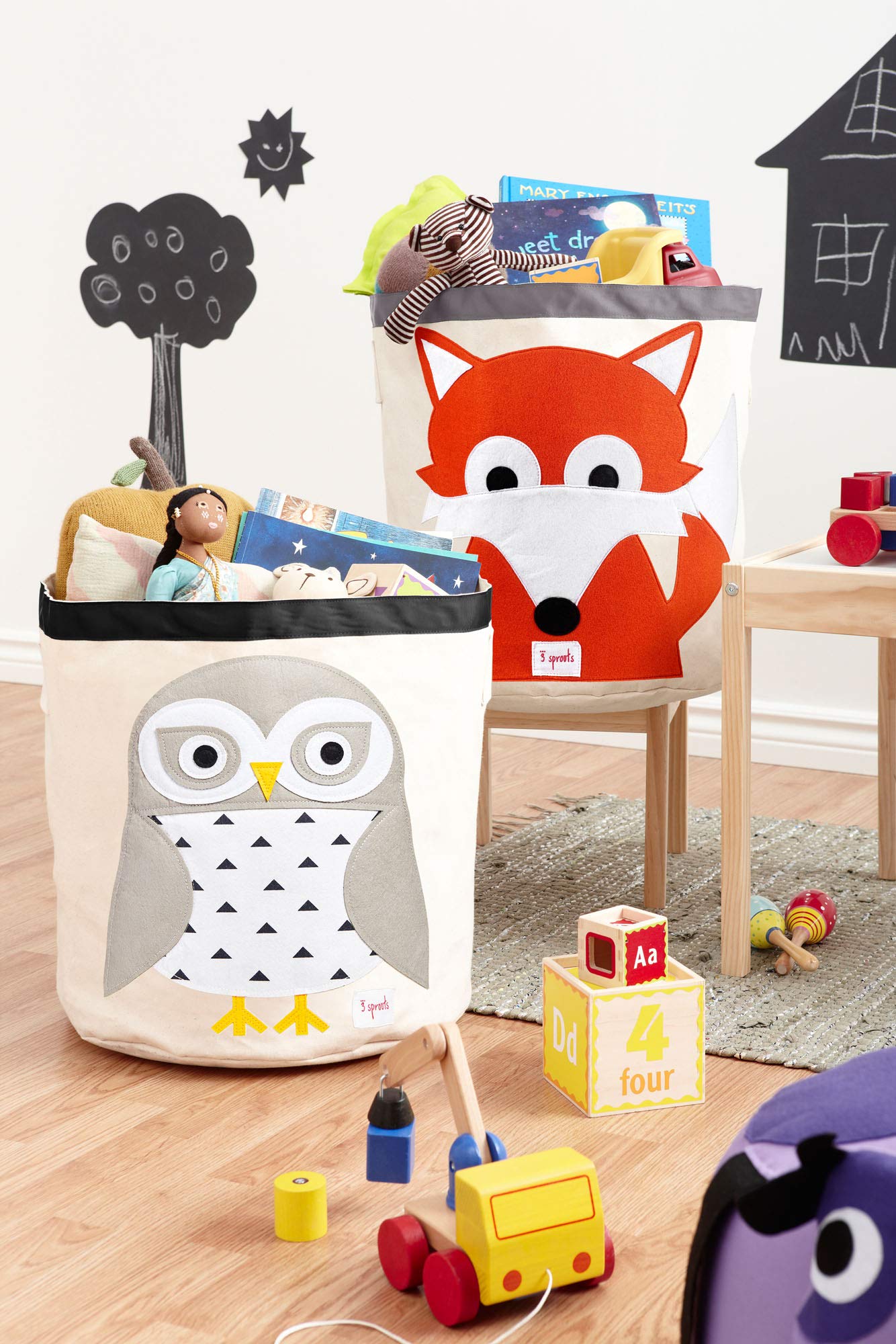 3 Sprouts Large Toy Storage Basket - Durable Kids & Baby Toy Bin With Handles For Toy Basket Storage, Round Hamper For Laundry In Nursery & Playroom, Snowy Owl