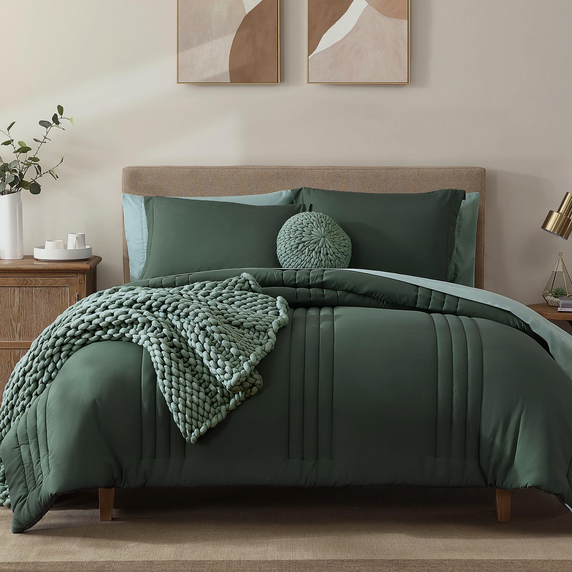 Monbix Queen Comforter Set - 7 Pieces Deep Forest Bed In A Bag Queen Bedding Sets With Comforters, All Seasons Down Alternative