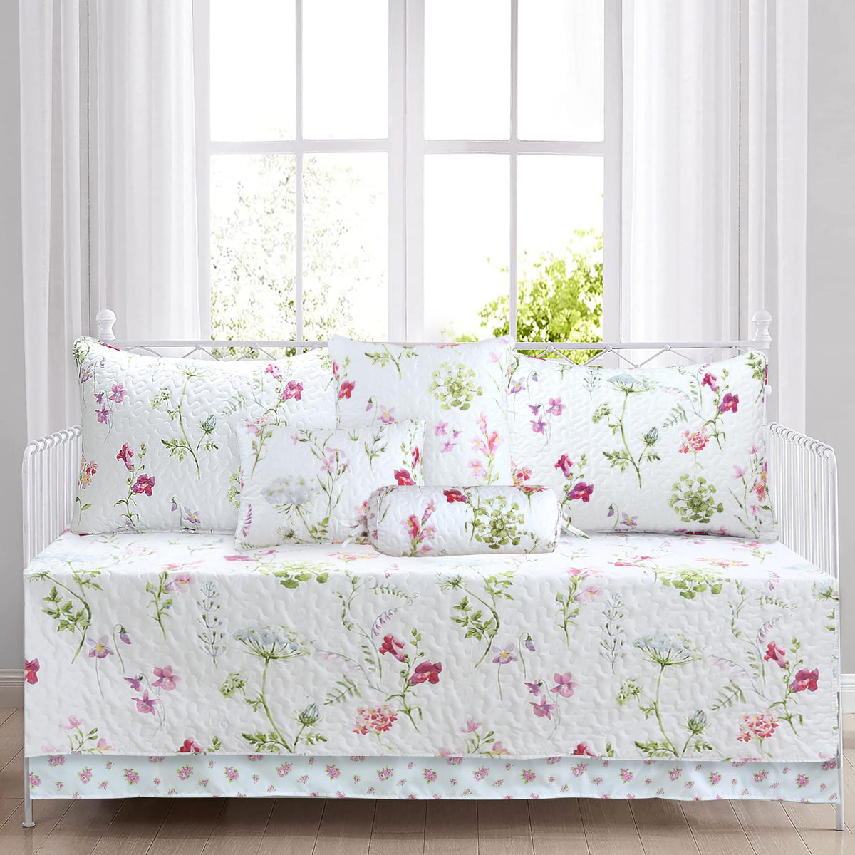 Cozy Line 7 Piece Daybed Cover Set - Carlotta Light Pink Blue Flower Bloom Floral Garden Reversible All Season Luxury Bedding Wi