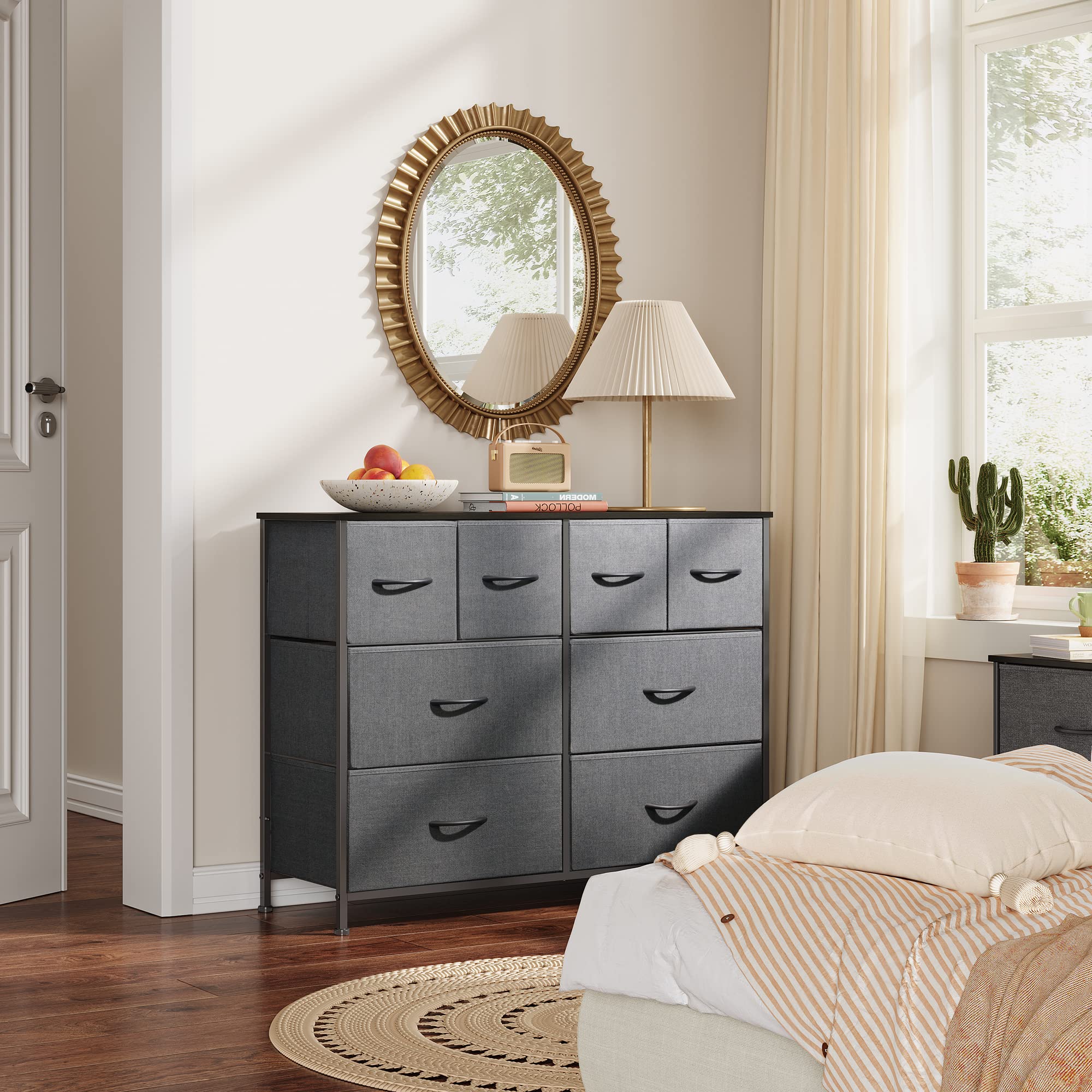 Wlive Dresser For Bedroom With 8 Drawers, Wide Fabric Dresser For Storage And Organization, Bedroom Dresser, Chest Of Drawers For Living Room, Closet, Hallway, Nursery, Dark Grey