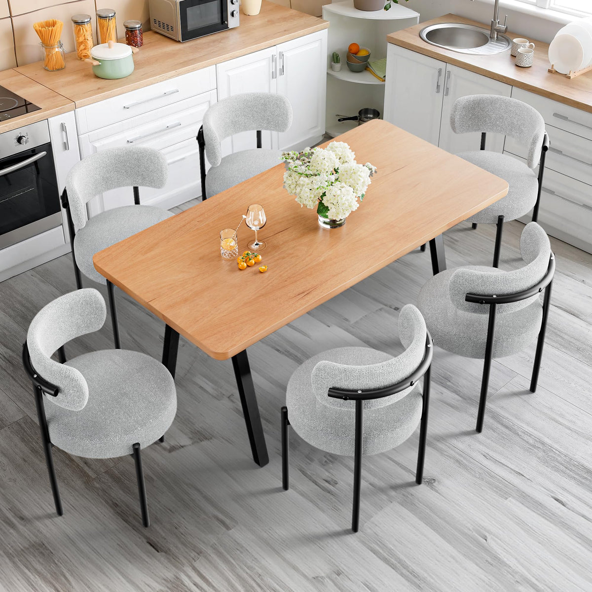 Patioperk Boucle Dining Chairs Set Of 6, Light Gray Mid Century Morden Chair With Curved Backrest, Round Upholstered Sherpa With