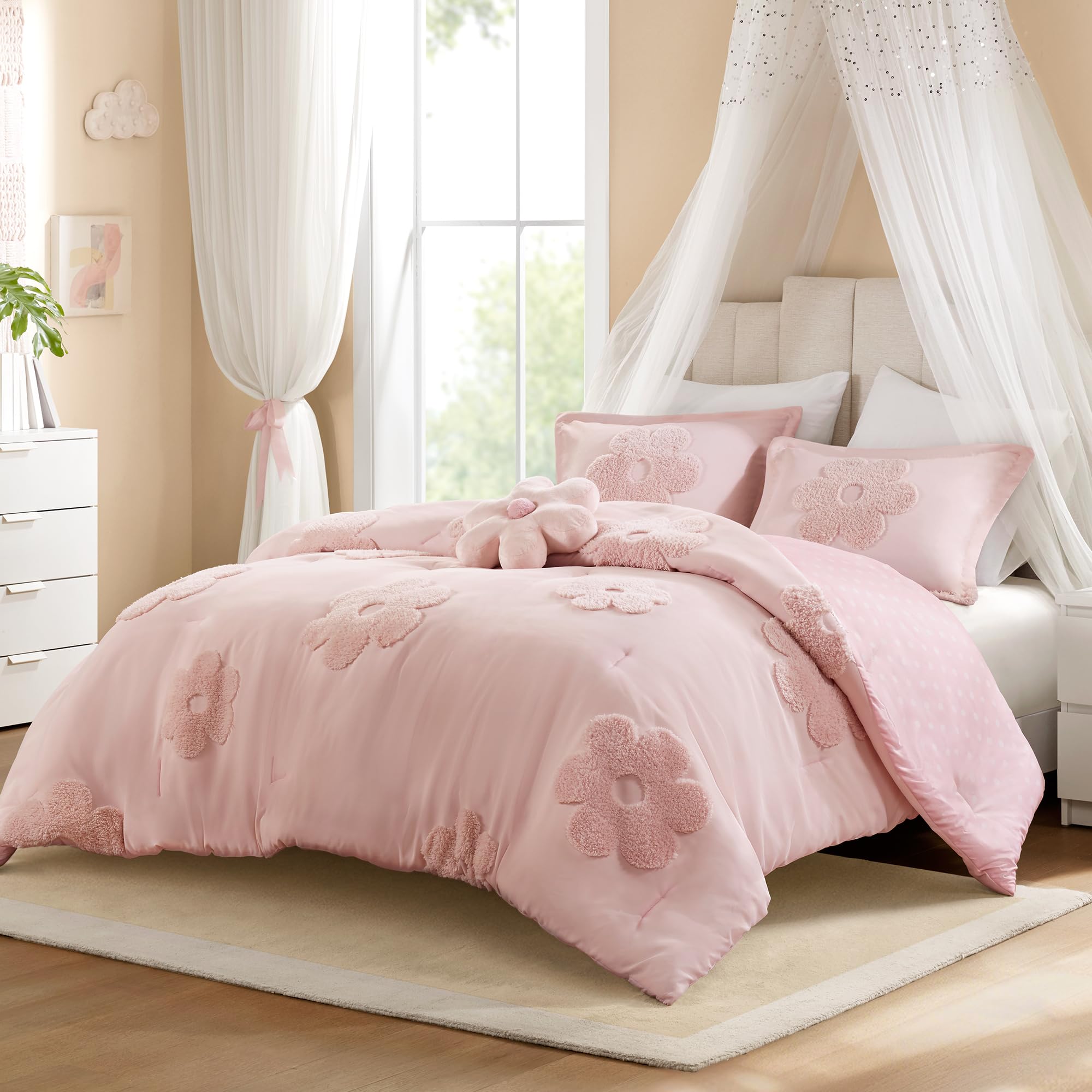 Intelligent Design Kids Queen Comforter Set for Girls, Tufted Chenille Floral Comforter Set Queen, Lightweight Polka Dot Comfort