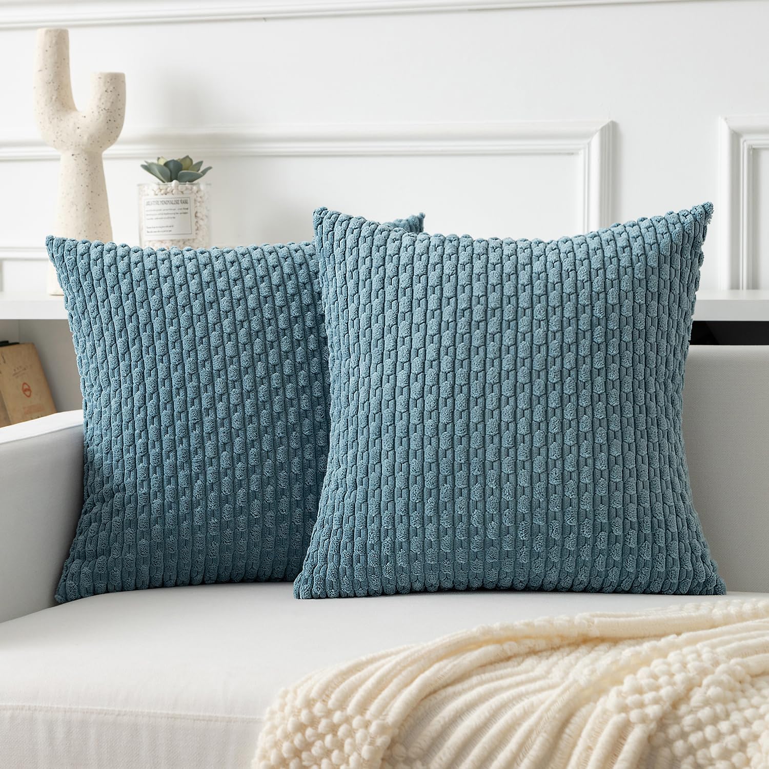 Kevin Textile Throw Pillow Covers Soft Corduroy Decorative Set Of 2 Boho Striped Pillow Covers Pillowcases Farmhouse Home Decor For Couch Bed Sofa Living Room 18X18 Inch Blue Grey