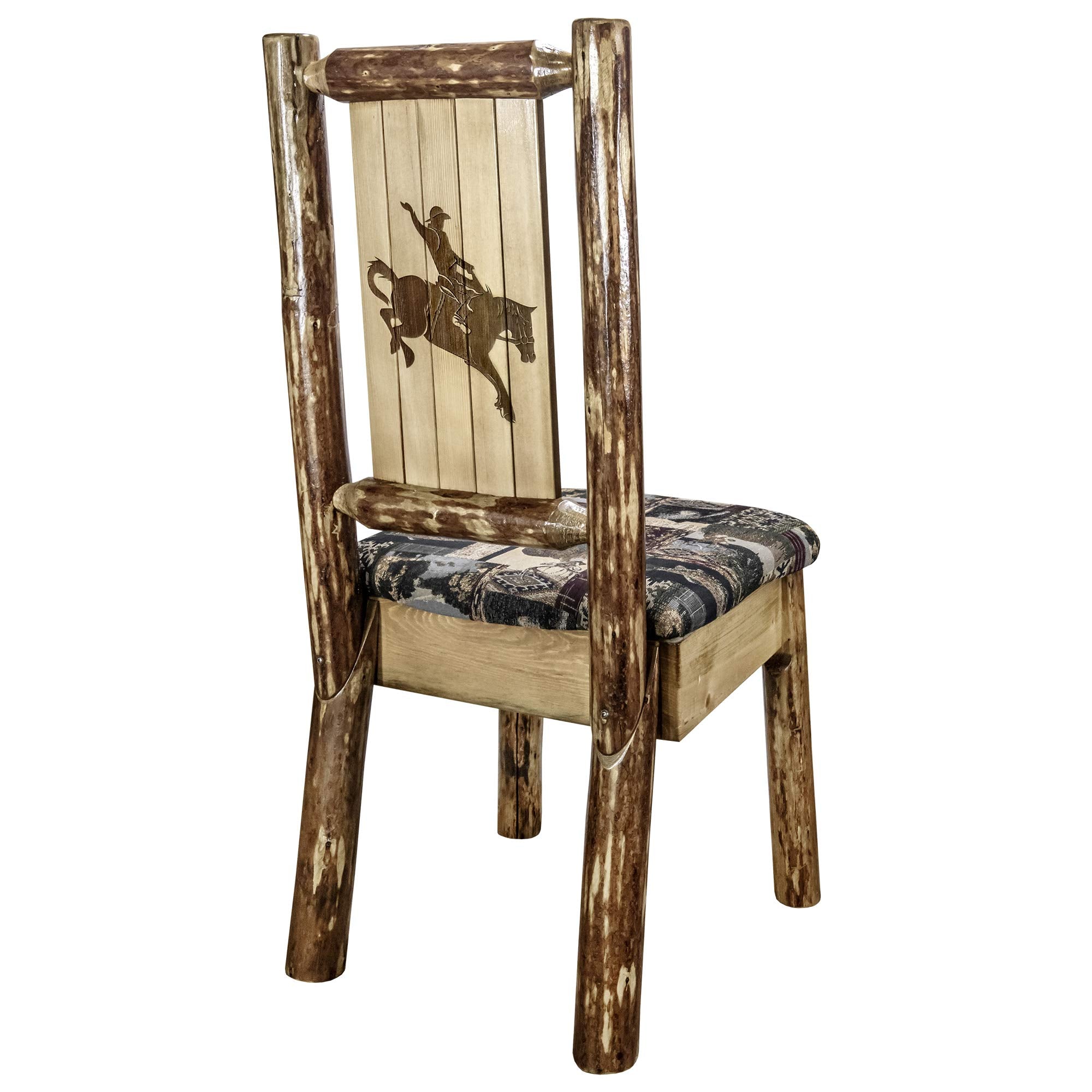 Montana Woodworks Glacier Country Collection Side Upholstered Chair, Woodland Pattern with Laser Engraved Bronc Design, Stained and Lacquered