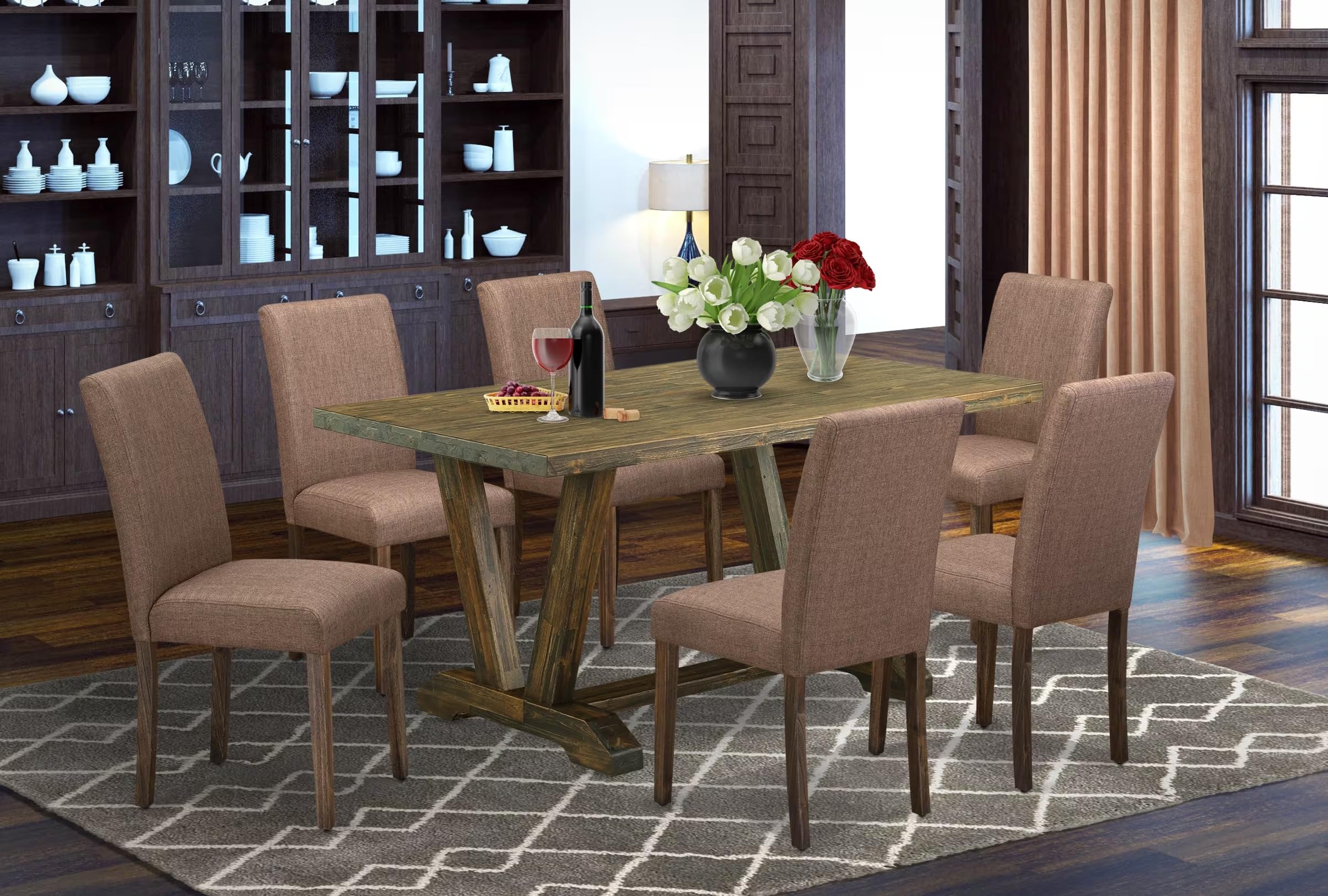 East West Furniture V776Ab747-7 7 Piece Dinette Set Consist Of A Rectangle Dining Room Table With V-Legs And 6 Light Sable Linen Fabric Upholstered Chairs, 36X60 Inch, Multi-Color