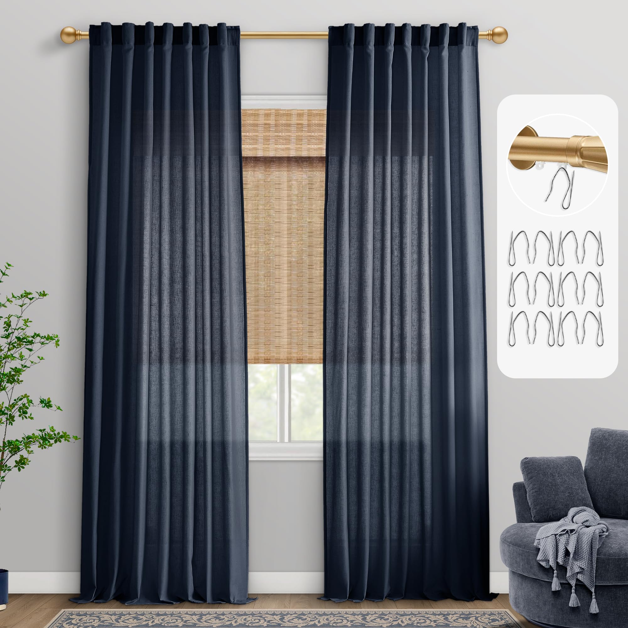 PANELSBURG Navy Blue Linen Curtains 96 Inches Long, Farmhouse Semi Sheer Curtains & Drapes for Living Room, Boys Curtains for Be