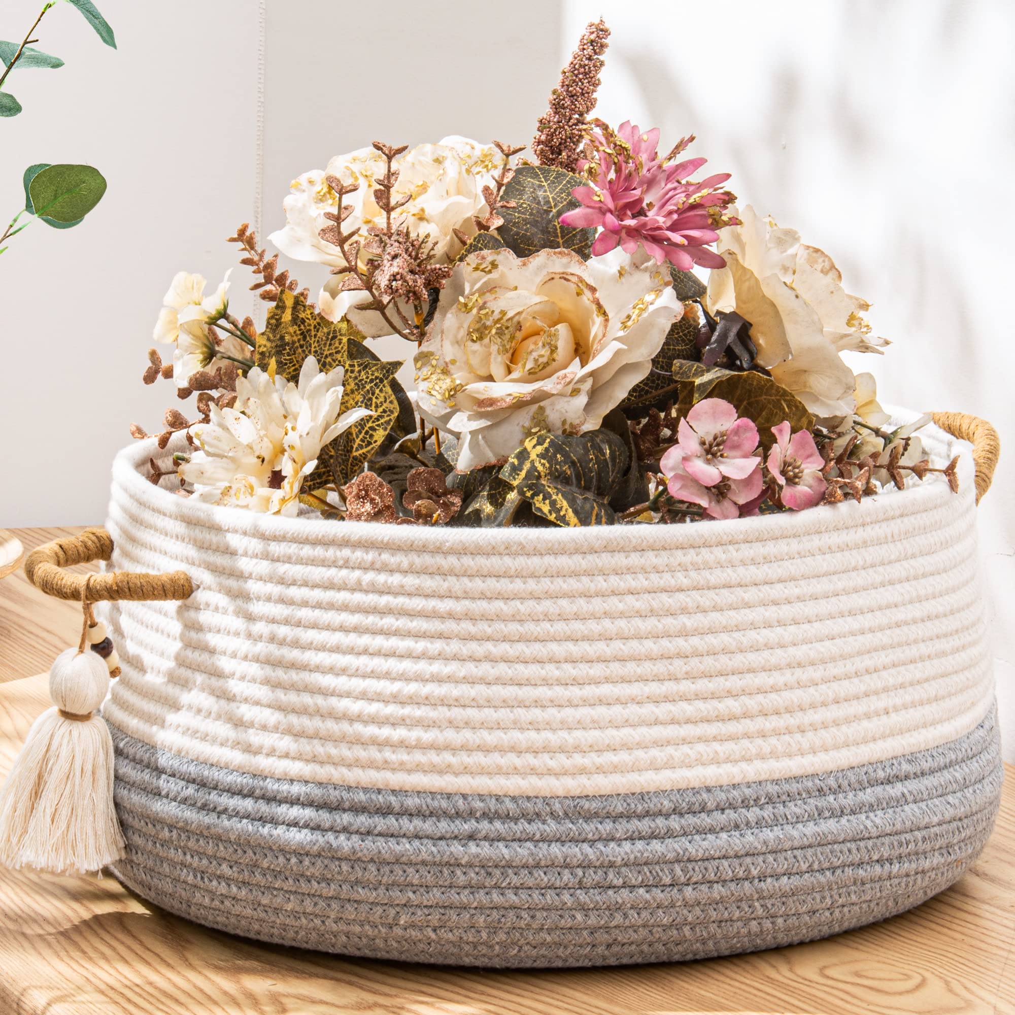 KAKAMAY Woven Baskets for Storage(16x8),Blanket Basket for Organizing Living Room,Cotton Rope Basket Woven Baby Laundry Hamper,C
