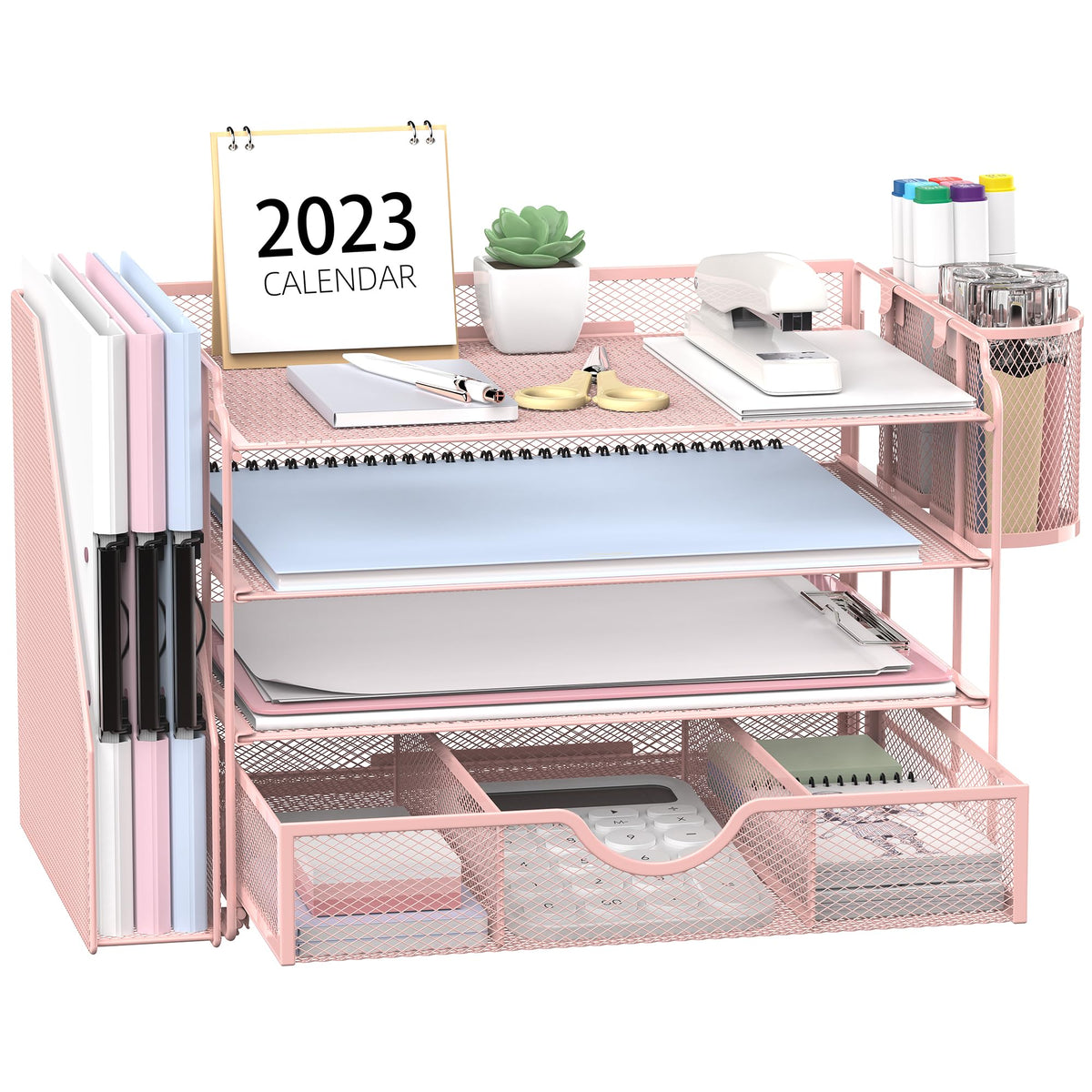 Supeasy Mesh Desk Organizer, 4 Trays Letter Tray Paper Organizer With File Holder, Desk File Organizer With 1 Extra Drawer & 2 P