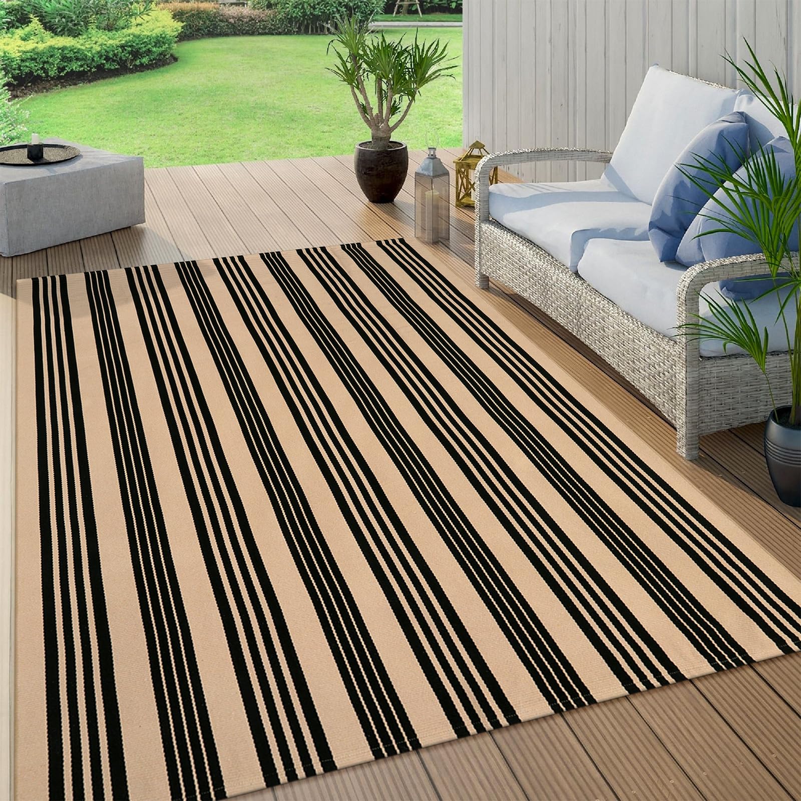 Kimode Indoor Outdoor Rug 5'X7', Black And Khaki Striped Outdoor Rug,Reversible Washable Large Patio Rugs, Cotton Hand Woven Far