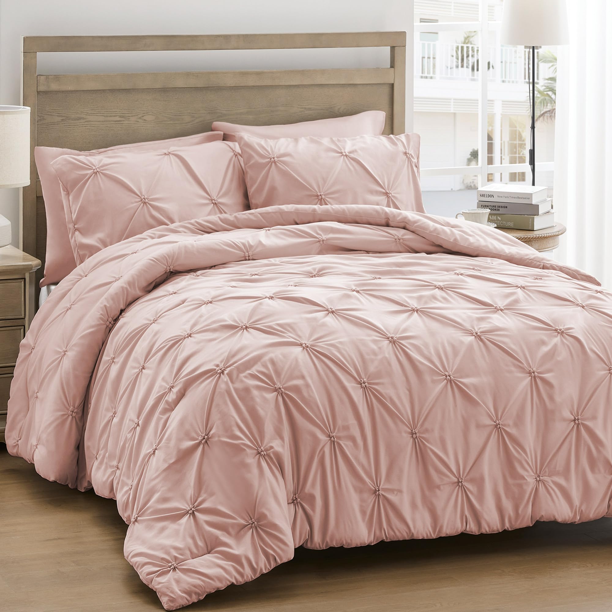 Unikome King Size Comforter Set Pink - Soft Fluffy Pintuck Down Alternative Bedding Set For All Seasons, 3 Pieces Pinch Pleat So