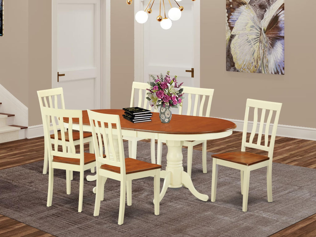 East West Furniture PLAN7-WHI-W 7 Piece Modern Dining Table Set Consist of an Oval Wooden Table with Butterfly Leaf and 6 Kitchen Dining Chairs, 42x78 Inch, Buttermilk & Cherry