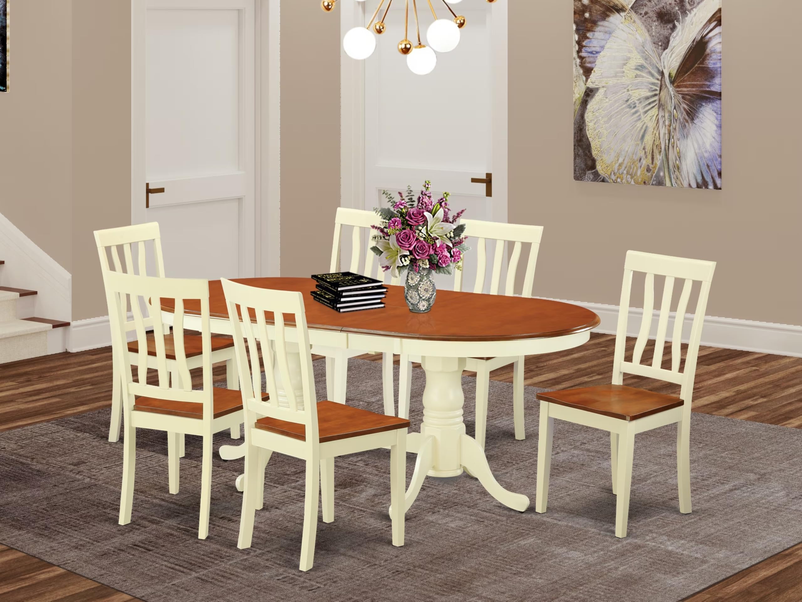 East West Furniture PLAN7-WHI-W 7 Piece Modern Dining Table Set Consist of an Oval Wooden Table with Butterfly Leaf and 6 Kitchen Dining Chairs, 42x78 Inch, Buttermilk & Cherry