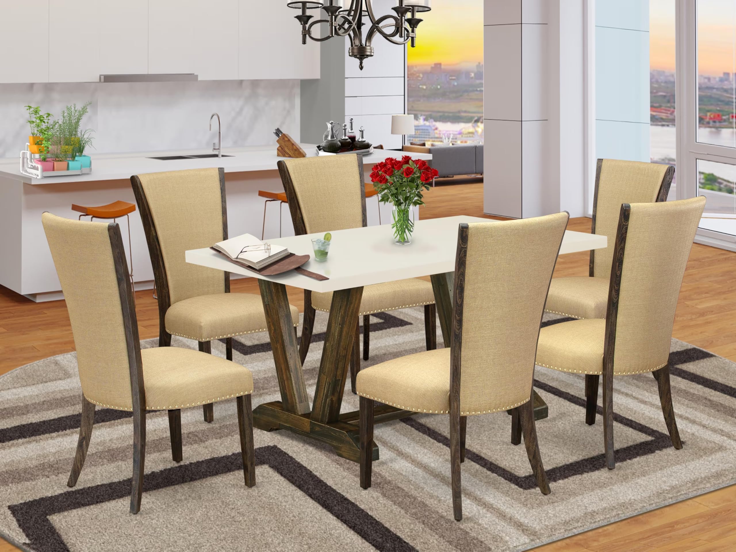 East West Furniture V726Ve703-7 7 Piece Dinette Set Consist Of A Rectangle Dining Room Table With V-Legs And 6 Brown Linen Fabric Upholstered Parson Chairs, 36X60 Inch, Multi-Color