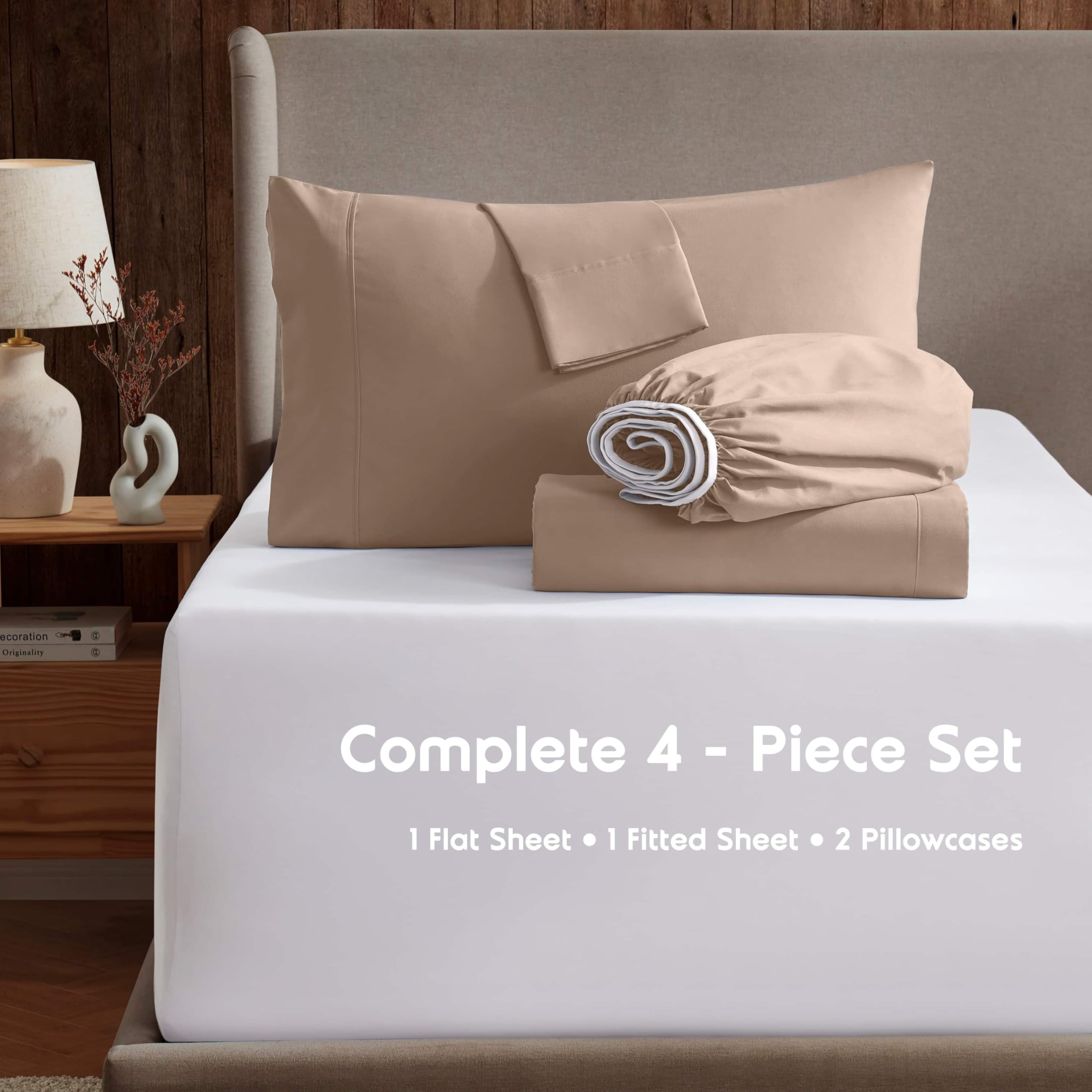 Nestl King Size Sheets Set - 4 Piece King Sheets, Deep Pocket, Hotel Luxury, Extra Soft, Breathable And Cooling, Taupe King Bed Sheets