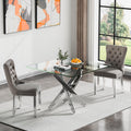 Kuvadaz 36' Modern Silver Glass Dining Room Table Set For 2, 3-Piece Square Kitchen Dining Table Set With Cross Metal Legs And
