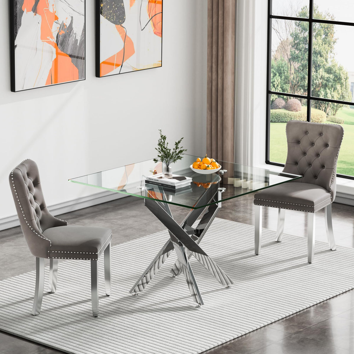 Kuvadaz 36' Modern Silver Glass Dining Room Table Set For 2, 3-Piece Square Kitchen Dining Table Set With Cross Metal Legs And