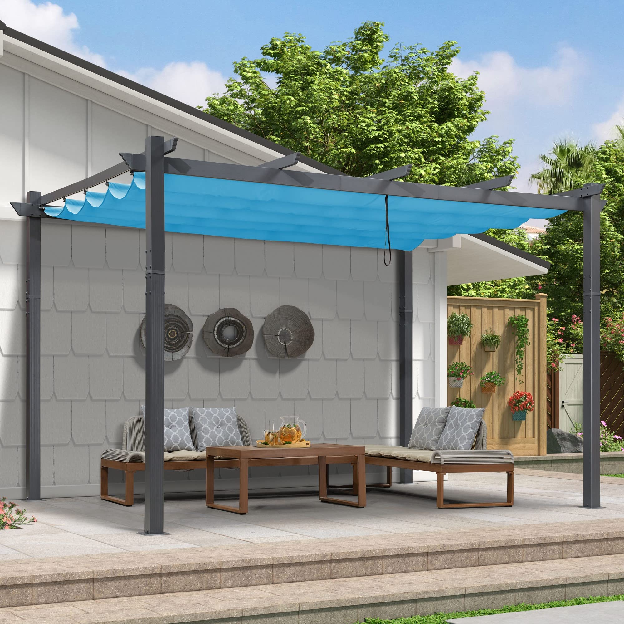 PURPLE LEAF 9.5  X 13  Outdoor Retractable Pergola Against The Wall with Shade Canopy Patio Aluminum Shelter for Garden Pavili