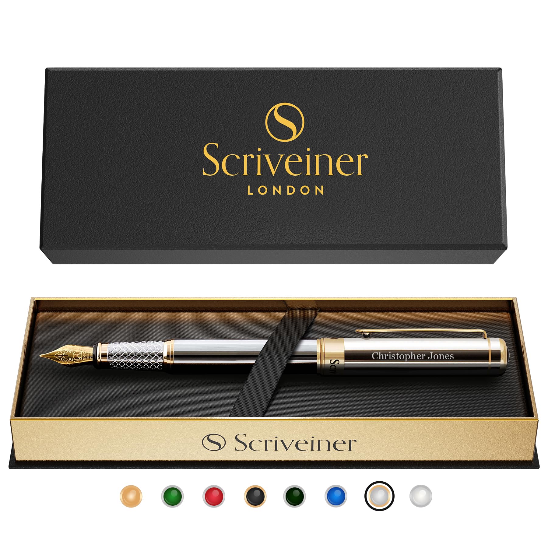 Scriveiner Personalized Silver Chrome Pen - Stunning Luxury Pen With 24K Gold Finish, Schmidt 18K Gilded Nib (Medium) Best Engra